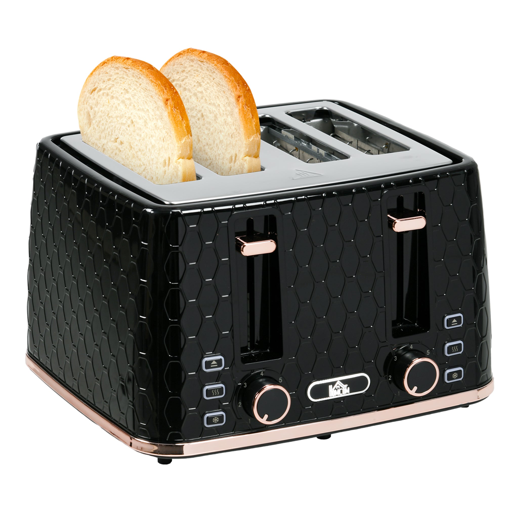 4 Slice Toaster with 7 Browning Levels, High Lift, Reheat/Defrost/Cancel, Self-centring Function, Removable Crumb Tray, Auto Off, 1600W, Black Honeycomb Texture