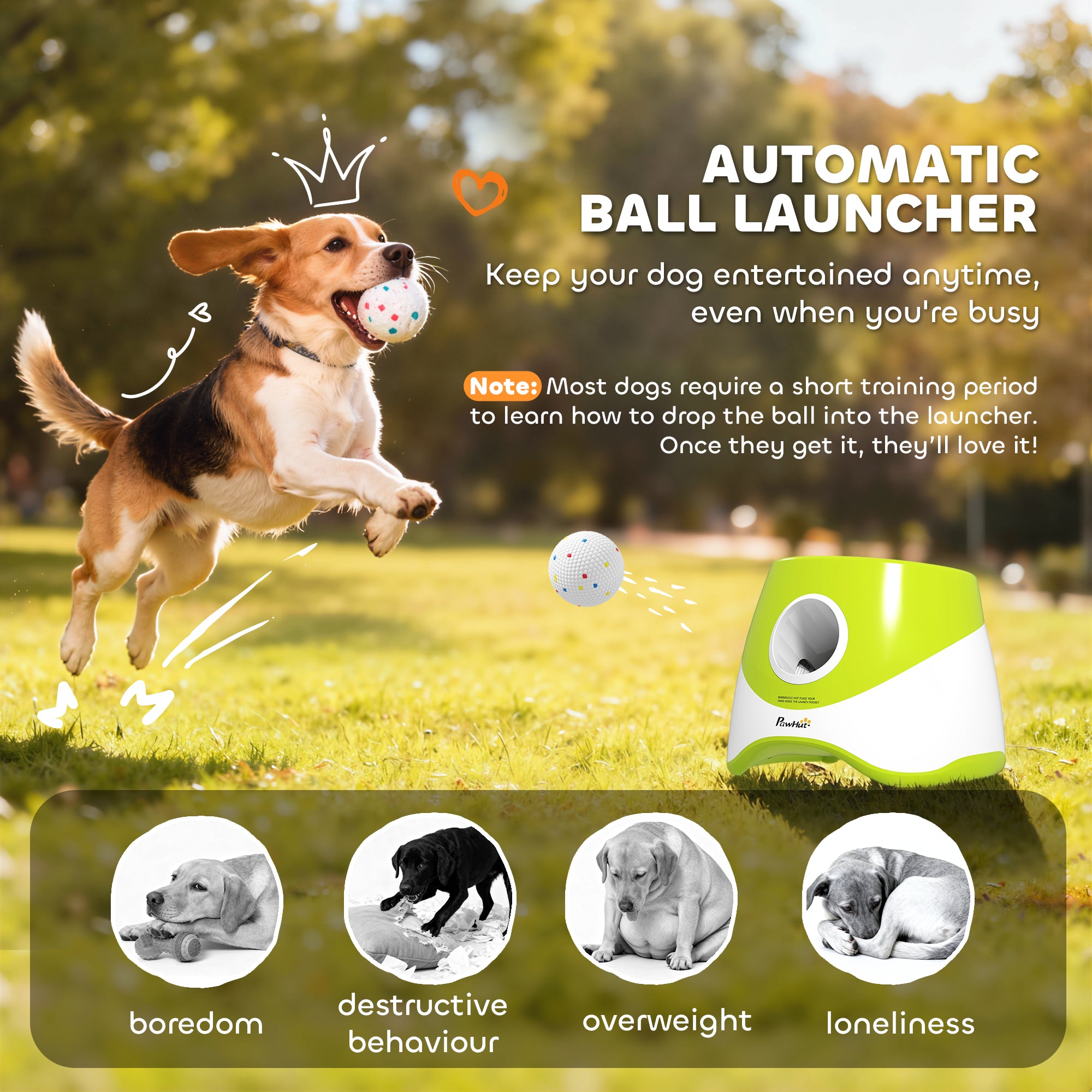 Automatic Dog Ball Launcher with 5 ETPU Tennis Balls 2.3", 3 Distance Settings 20/33/46ft, Green