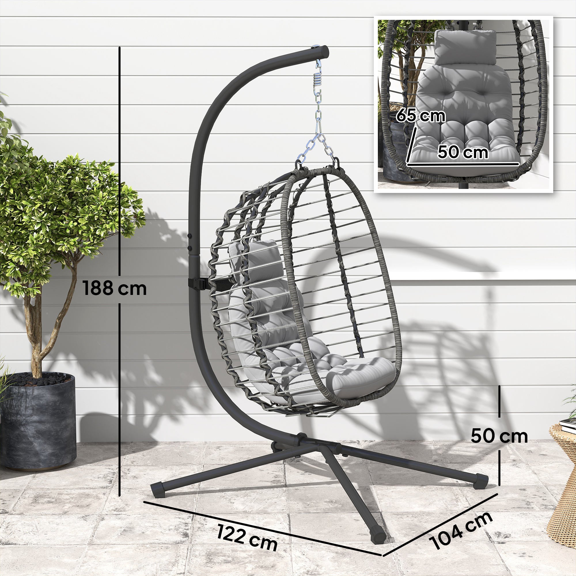 Rattan Hanging Egg Chair, Foldable Wicker Hammock Swing Chair with Cushion, Stand, Adjustable Height, Head Pillow, Steel Frame for Garden Patio Indoor Outdoor, Light Grey