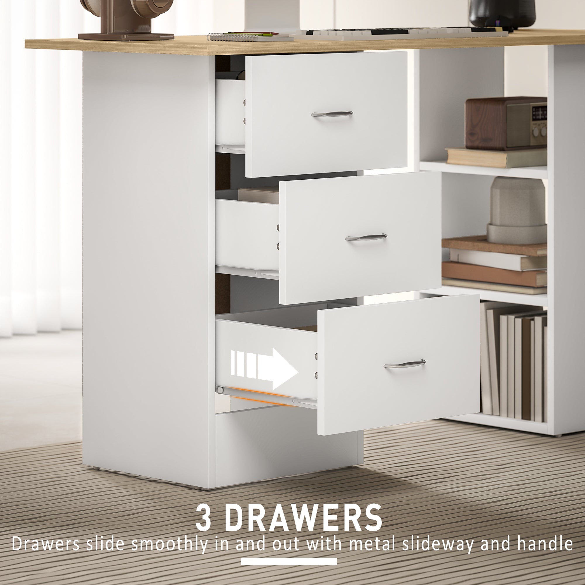 Computer Desk with Drawers, Home Office Desk, Writing Table, PC Workstation with 3 Storage Shelves for Working, Study, 120 x 49 x 72 cm, Natural Wood Finish and White
