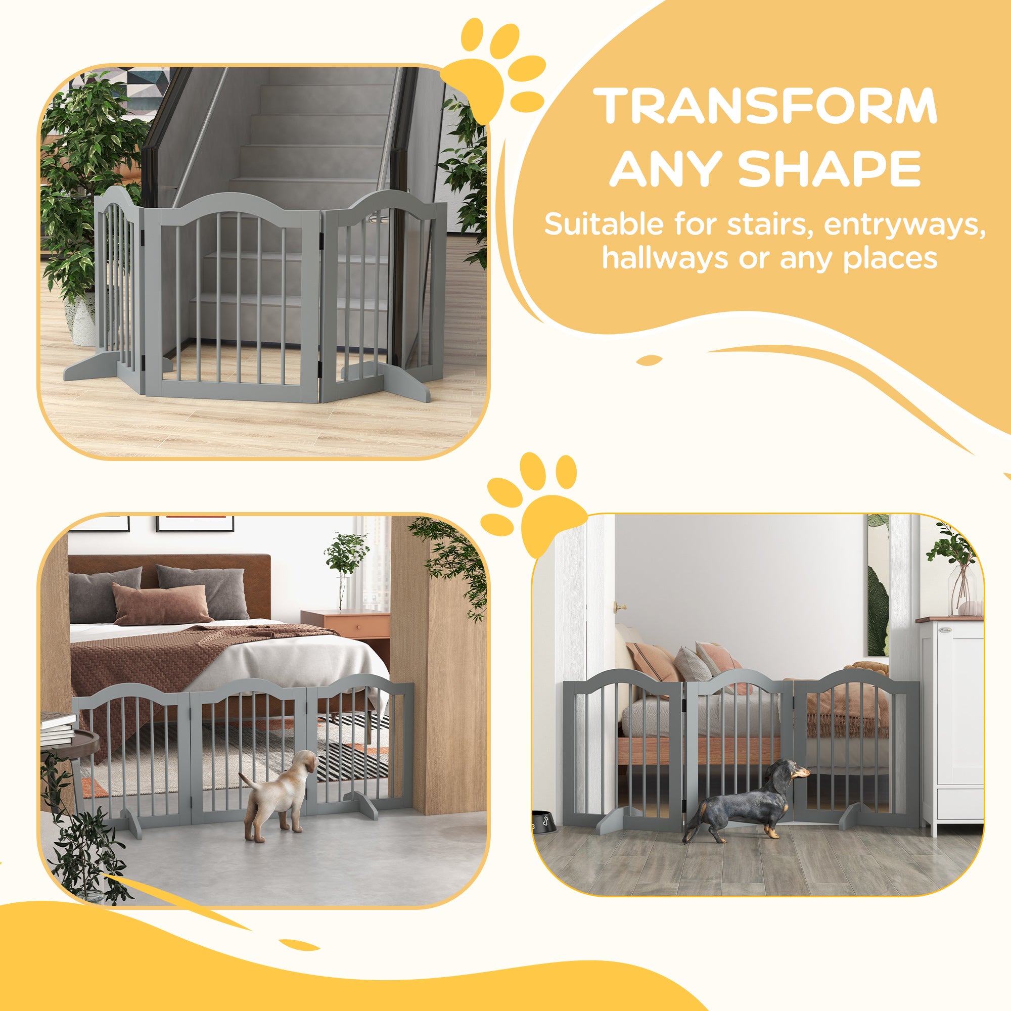 3 Panels Dog Gate w/ Support Feet Fence Safety Barrier Freestanding Wood Light Grey