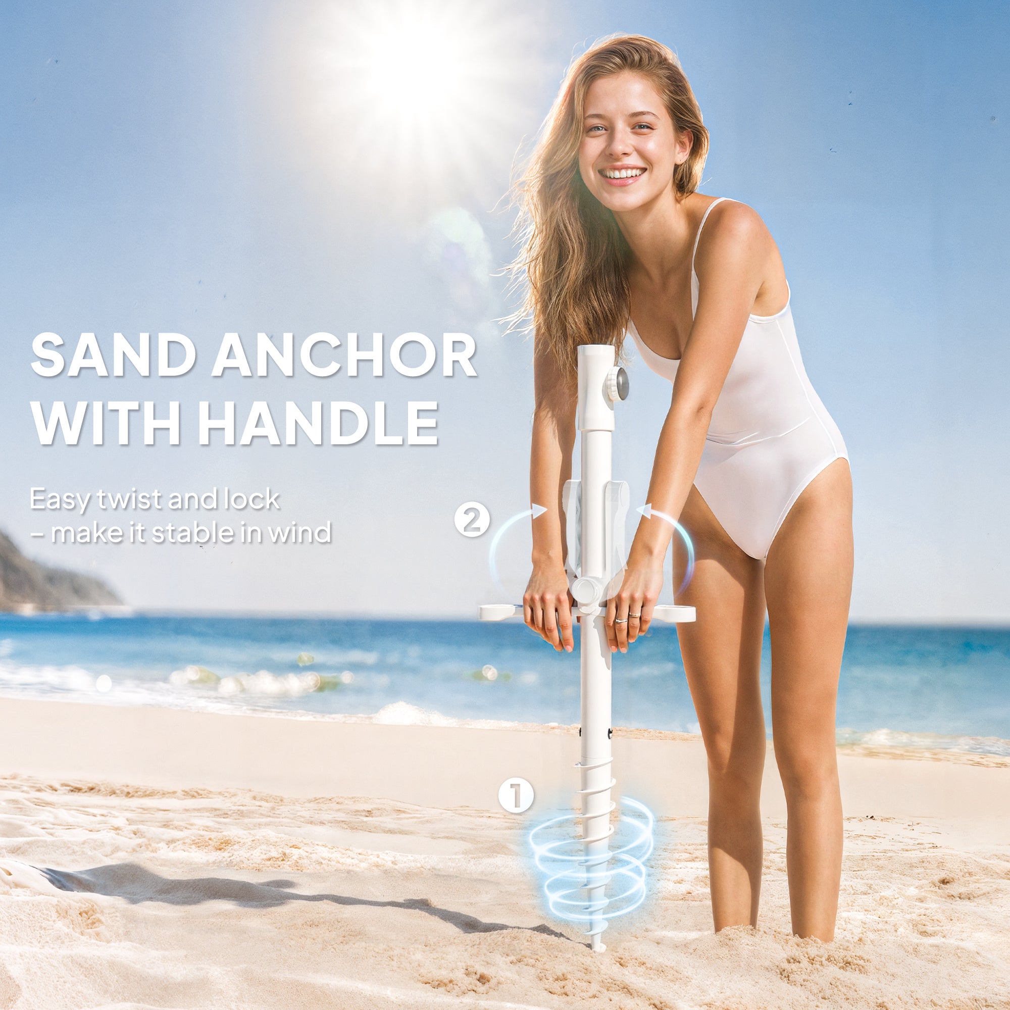 Beach Umbrella Portable with Sand Anchor, Carry Bag, Adjustable Height & Tilt, UPF50+ UV Protection, Blue