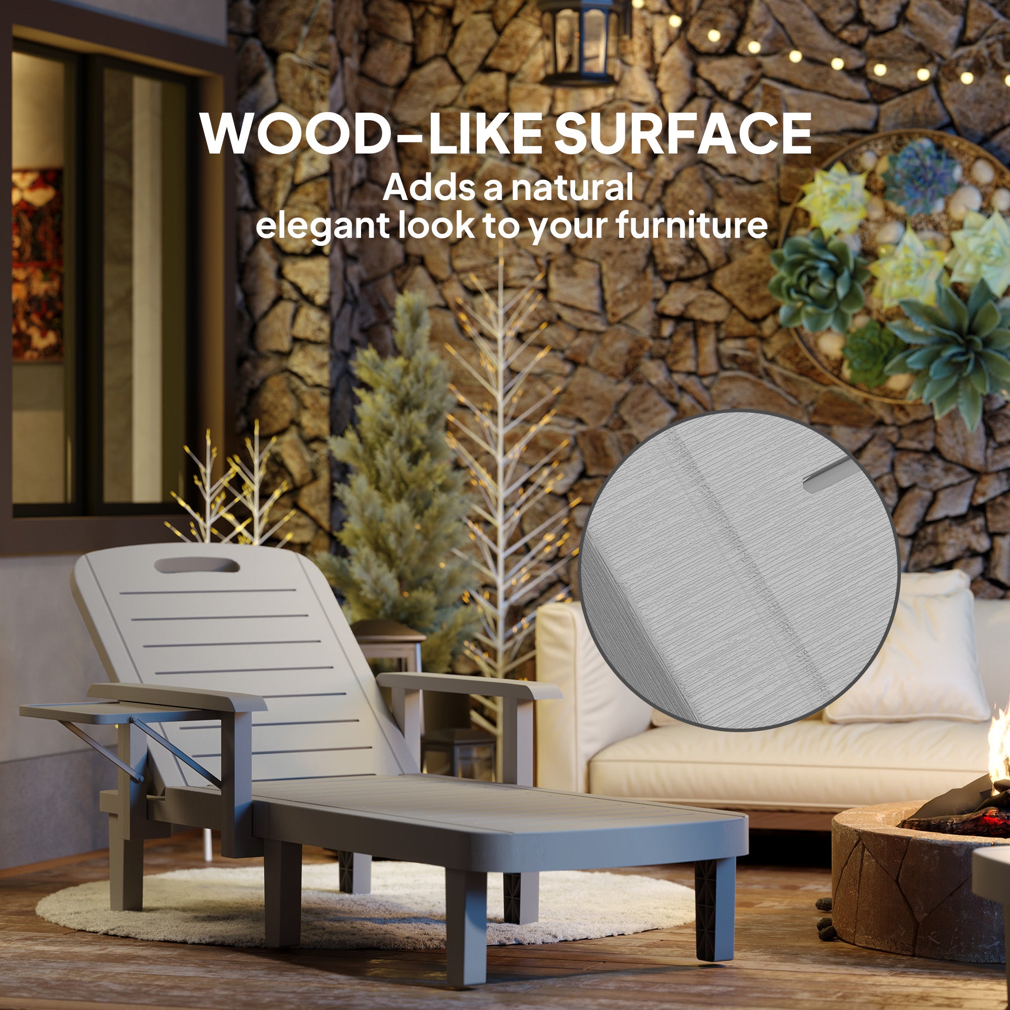 Set of 2 Resin Reclining Sun Loungers for Garden, 5 Positions Adjustable Outdoor Chaise Lounge Chairs with Wood Texture Surface, Armrests, Foldable Side Table for Garden, Beach, Light Grey