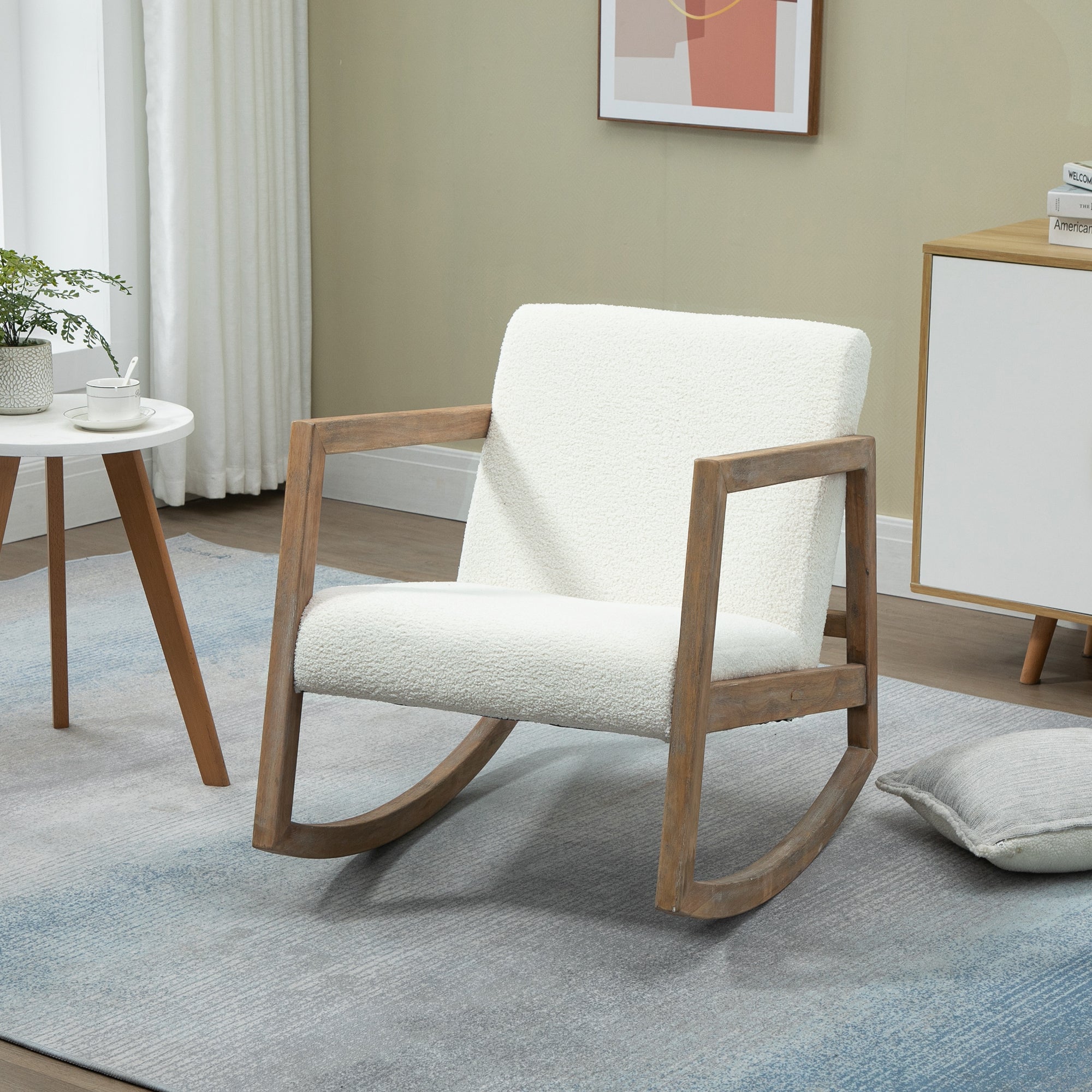 Rocking Chair, Upholstered Sofa Armchair with Cushion and Wood Base for Living Room and Bedroom, Cream White