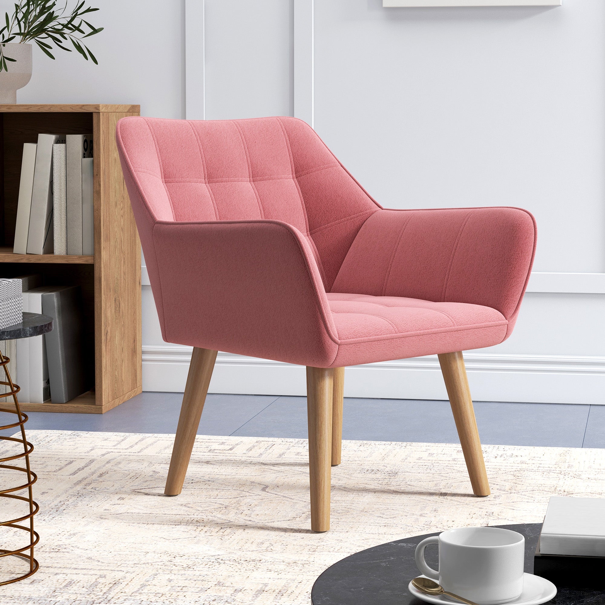 Accent Chair, Arm Chair with Wide Arms, Slanted Back, Thick Padding and Rubber Wooden Legs for Living Room, Pink