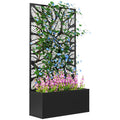 Outdoor Metal Planter with Leaf Cut-Out Trellis 61x23x113cm - Black