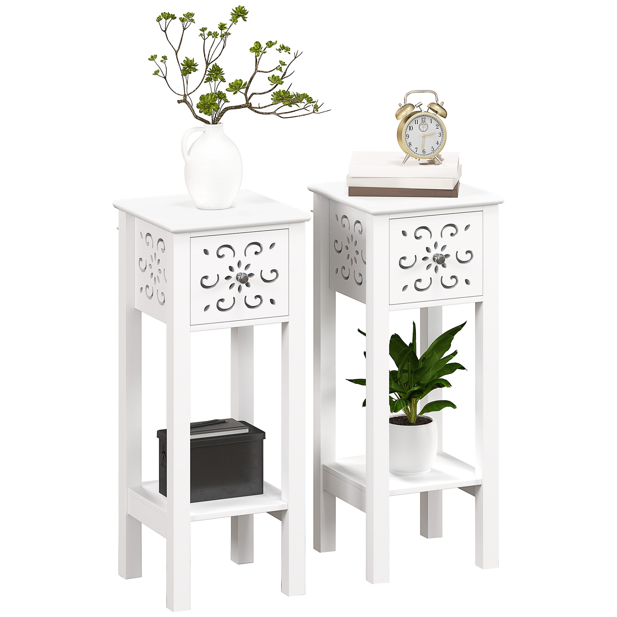 Set of Two Elegant Floral Cut-Out Side Tables - White