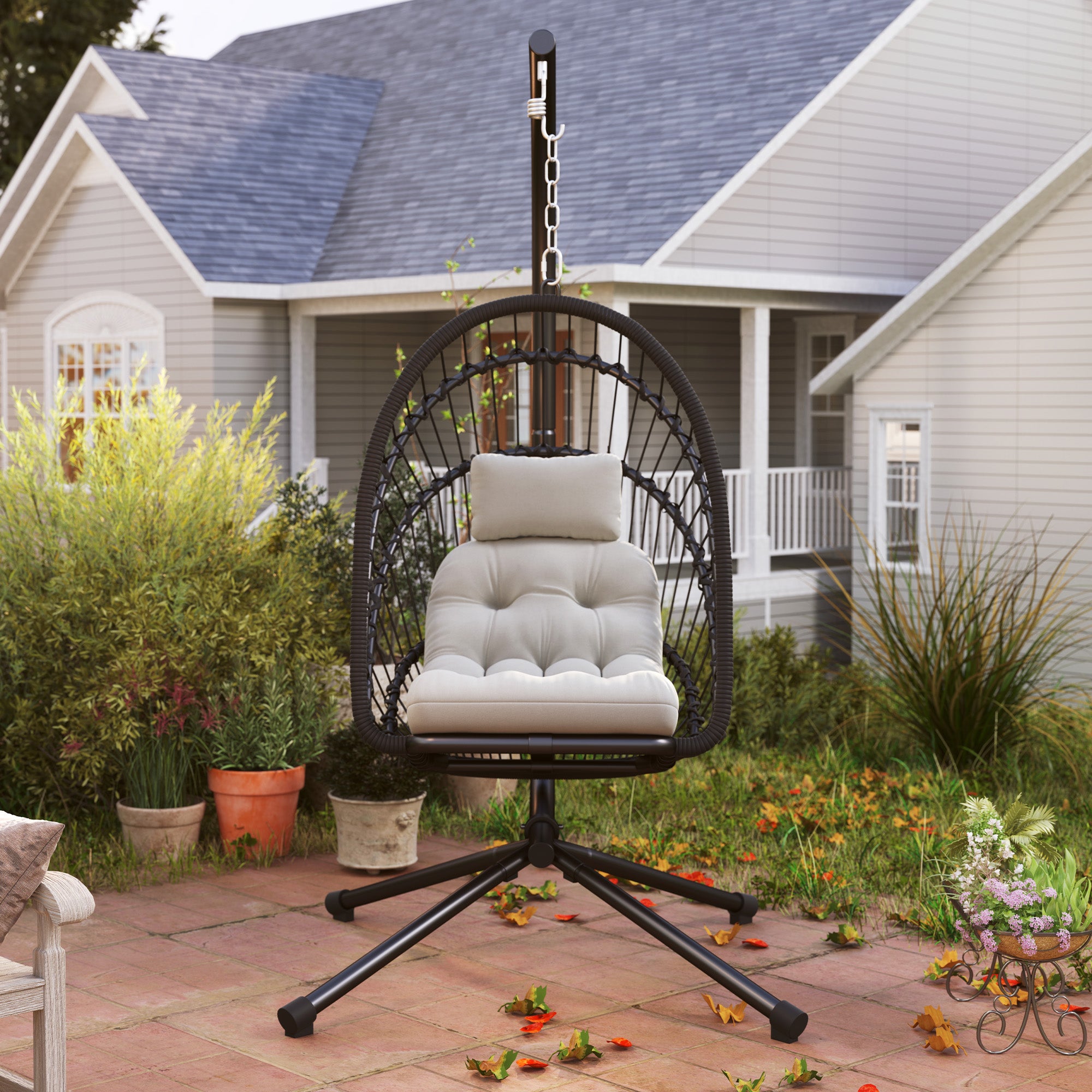 Hanging Egg Chair with Cushion and Metal Stand - Black