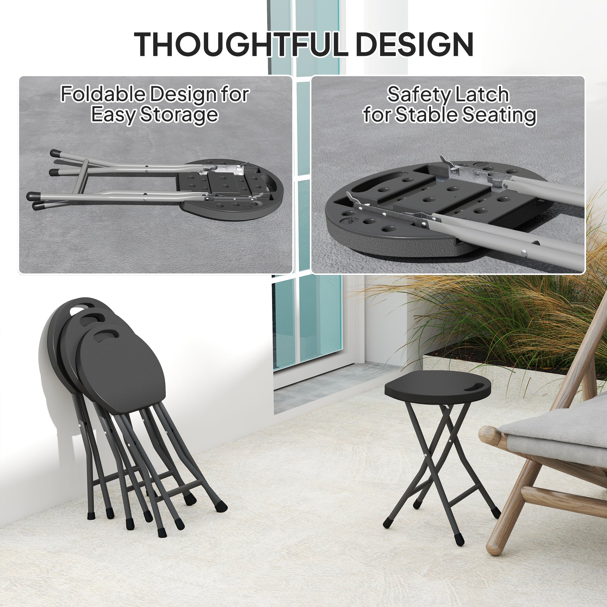 Set of 4 Folding Carry Stools with Powder-Coated Steel Legs - Charcoal Grey