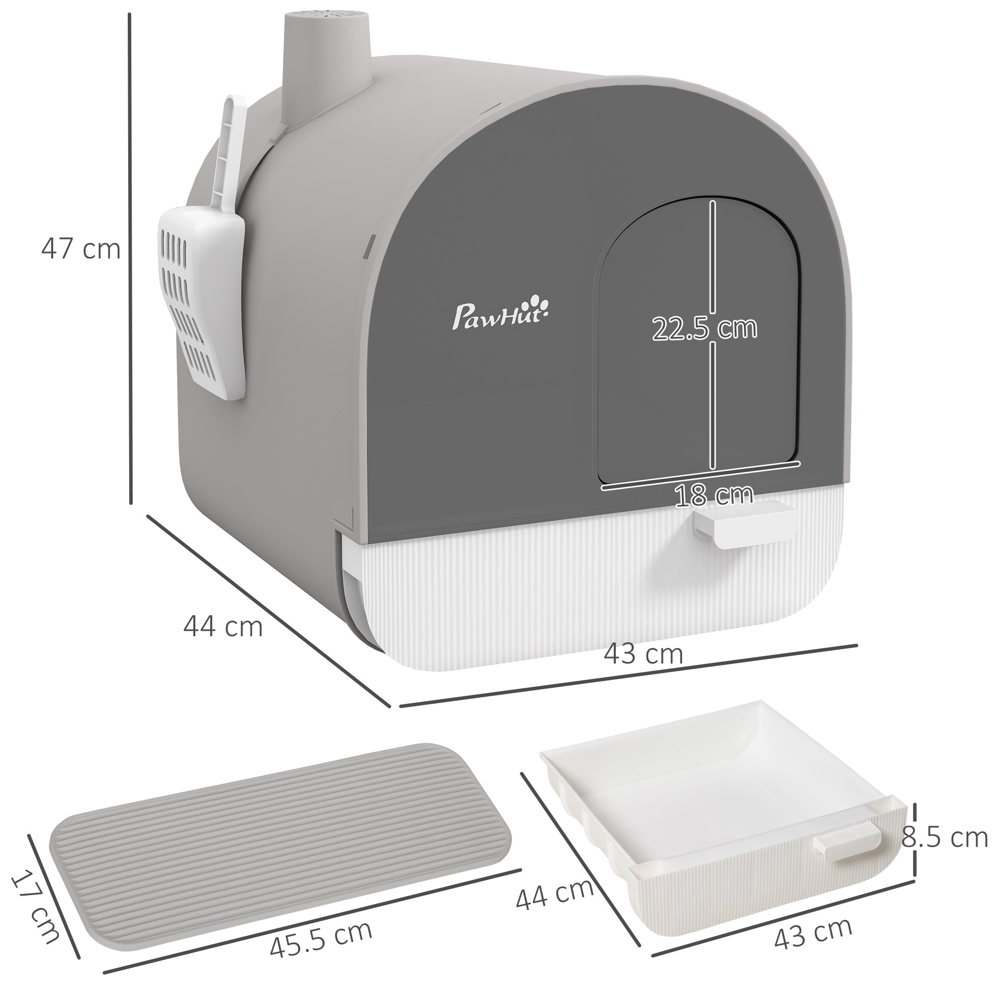 Hooded Cat Litter Box, Kitten Litter Tray, with Lid, Scoop, Filter, Flap Door, Light Grey