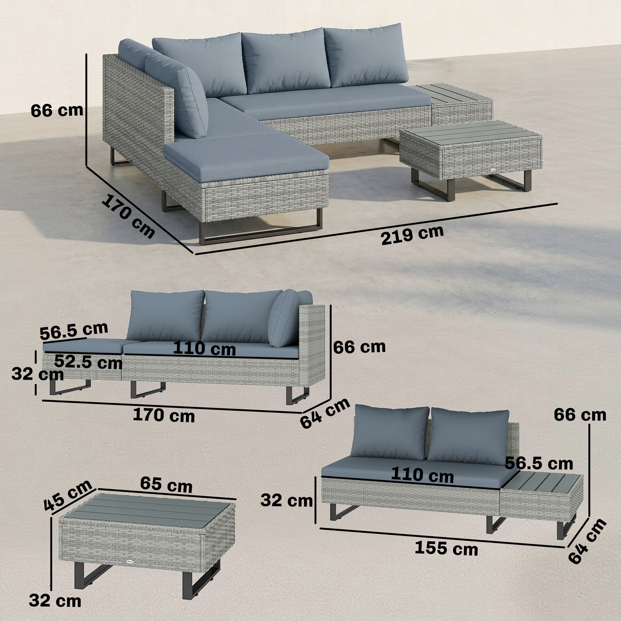 5 Seater Rattan Garden Furniture Set, L Shaped Garden Corner Sofa, Adjustable Back, Faux Wood Tables, Grey