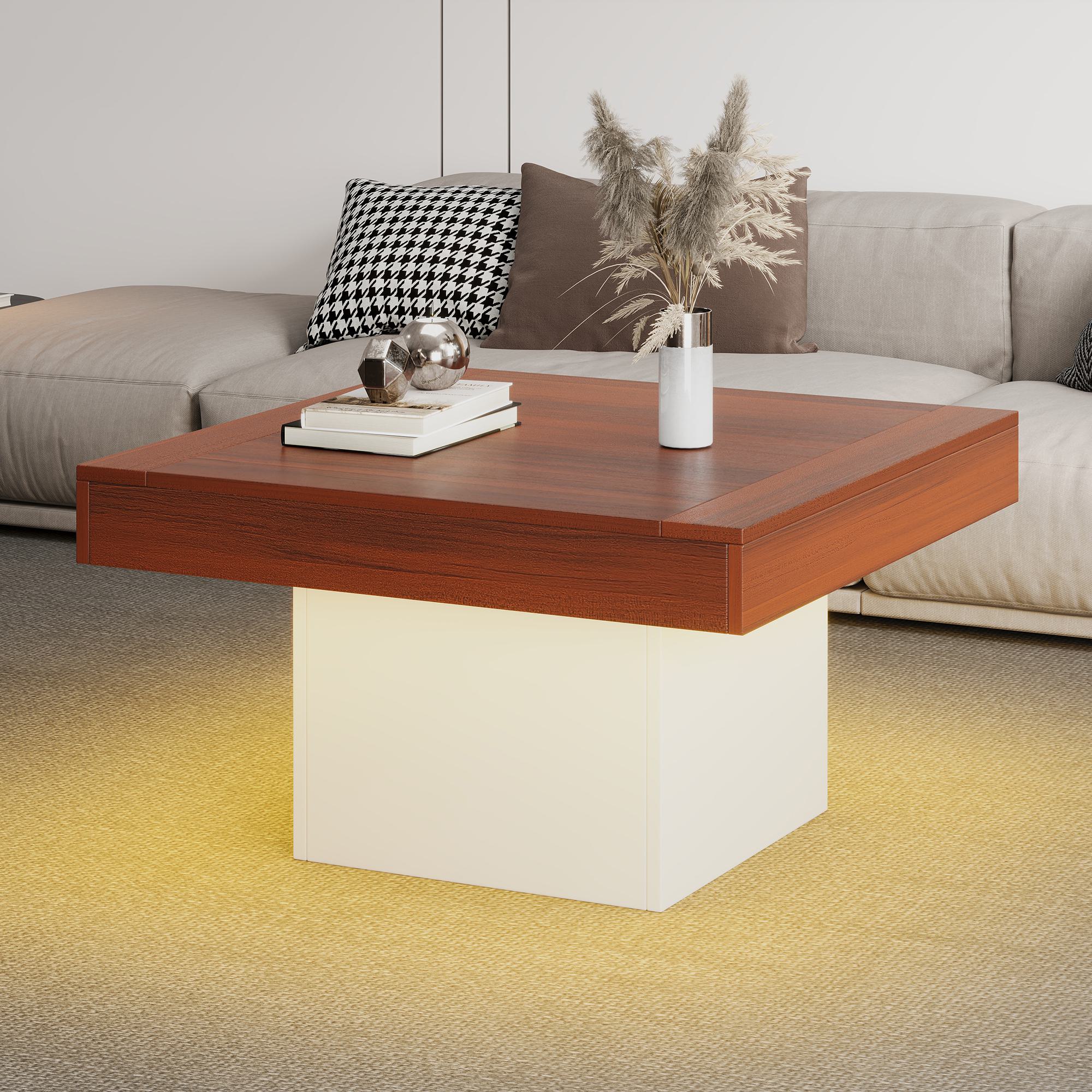 Square Coffee Table with LED Lights, Rustic Industrial Design, Particle Board, 70L x 70W x 40H cm, Brown+White
