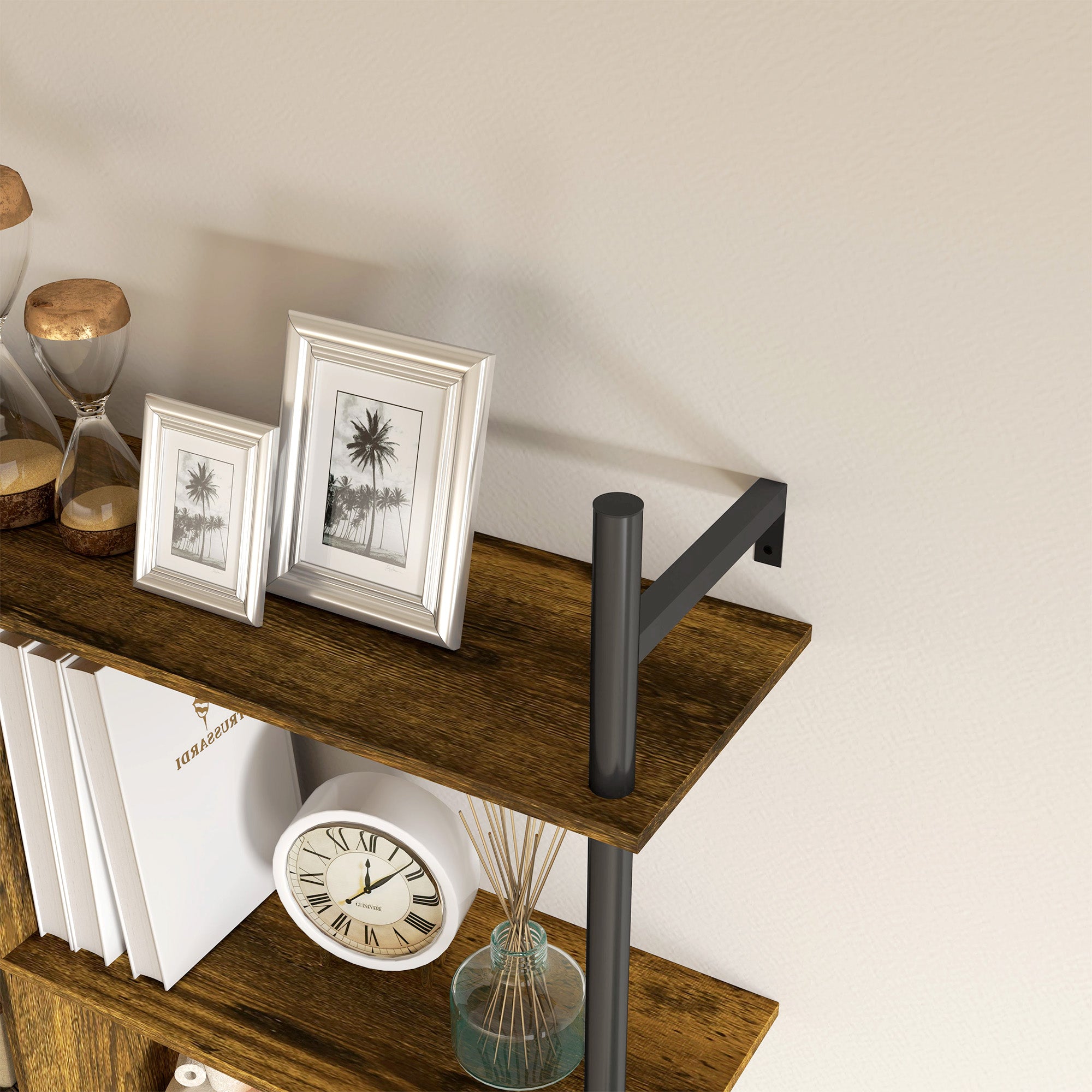 Three-Tier Floating Wall Shelf with Hooks - Brown/Black