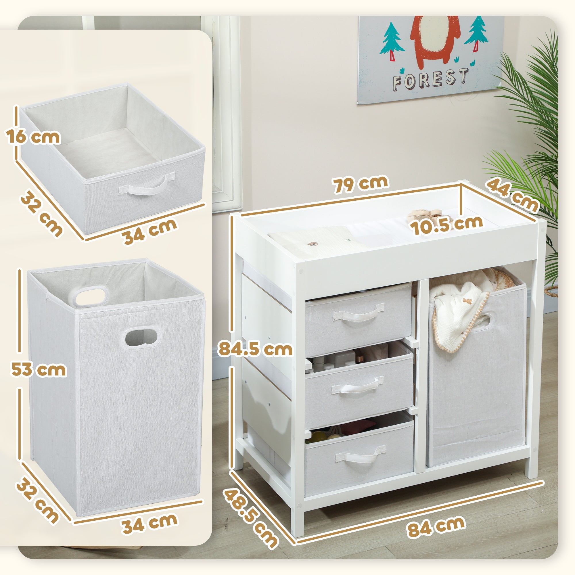 Baby Changing Unit with 4 Storage Drawers, Mat for Bedroom Nursery, 84 x 84.5 cm, White
