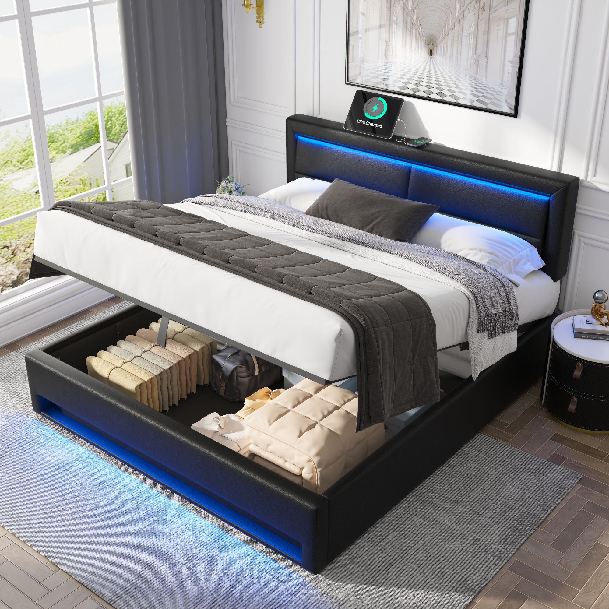 King Size LED Upholstered Bed with USB Charging and Storage - Black
