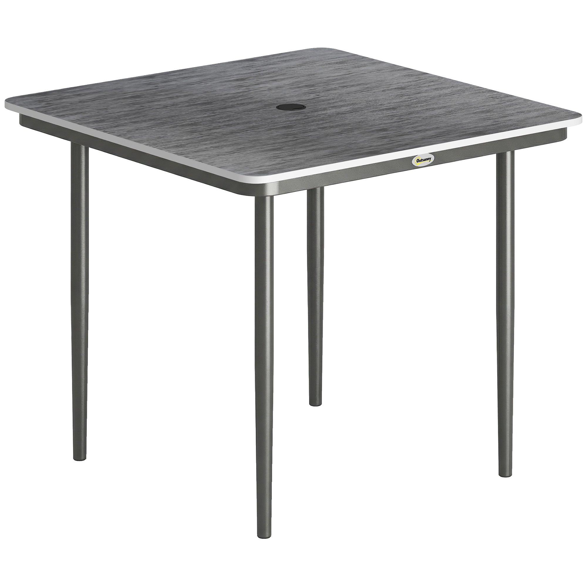 Garden Dining Table for 4, 85 cm Square Outdoor Table with Umbrella Hole, Faux Wood Top, Metal Legs, Dark Grey