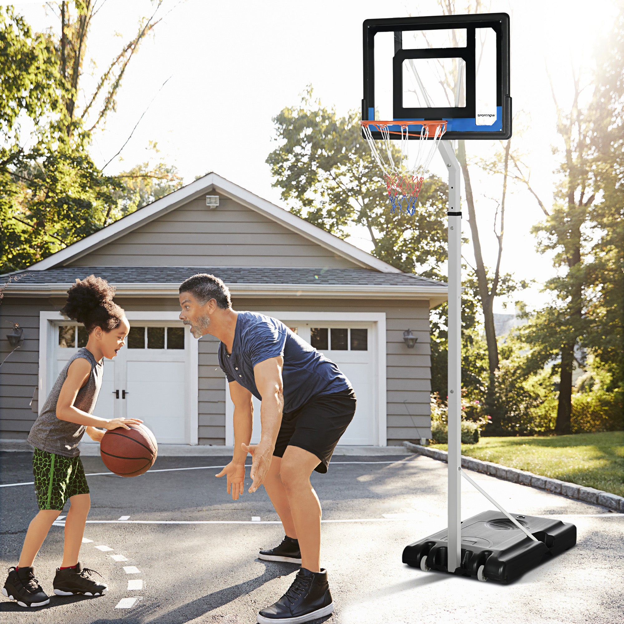 2.1-2.6m Adjustable Basketball Hoop and Basketball Stand w/ Backboard and Weighted Base, Portable on Wheels, White