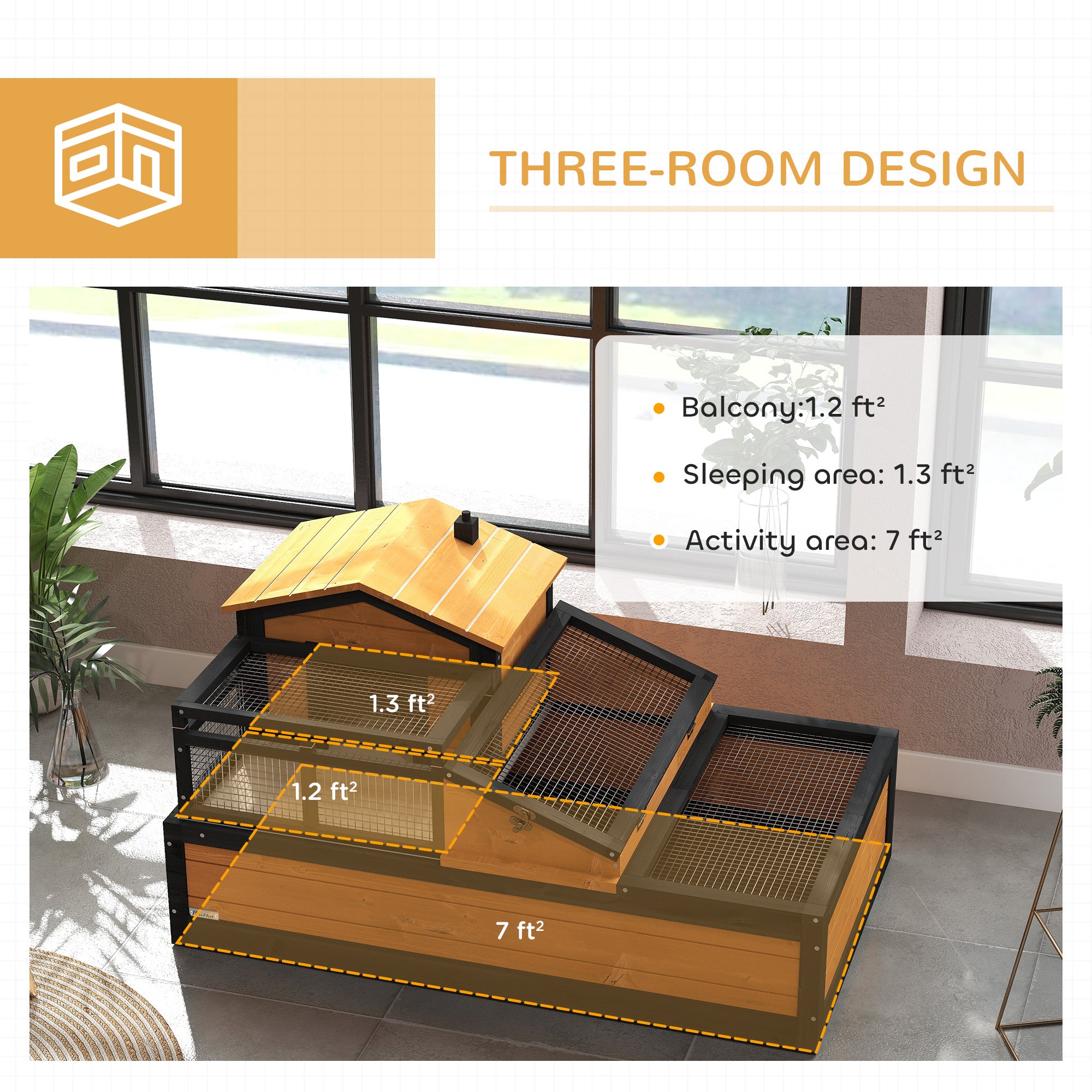 Wooden Tortoise House with Balcony, Tray & Roof for Indoor & Outdoor Use - Yellow