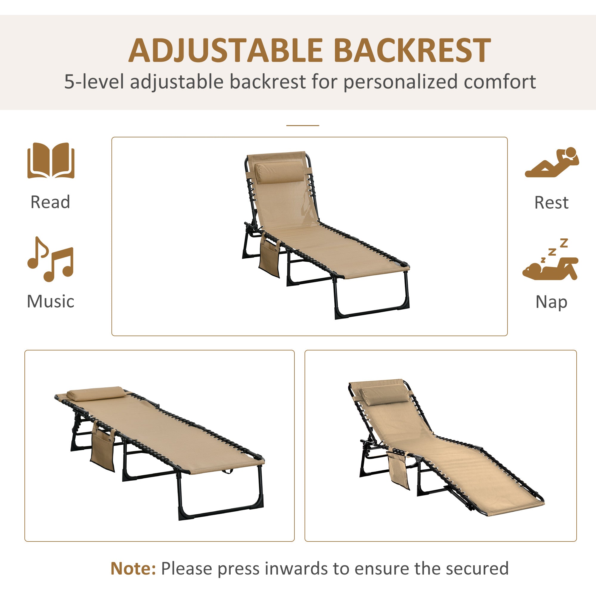 Portable Sun Lounger Set of 2, Folding Camping Bed Cot, Reclining Lounge Chair 5-position Adjustable Backrest with Side Pocket, Pillow for Patio Garden Beach Pool, Beige