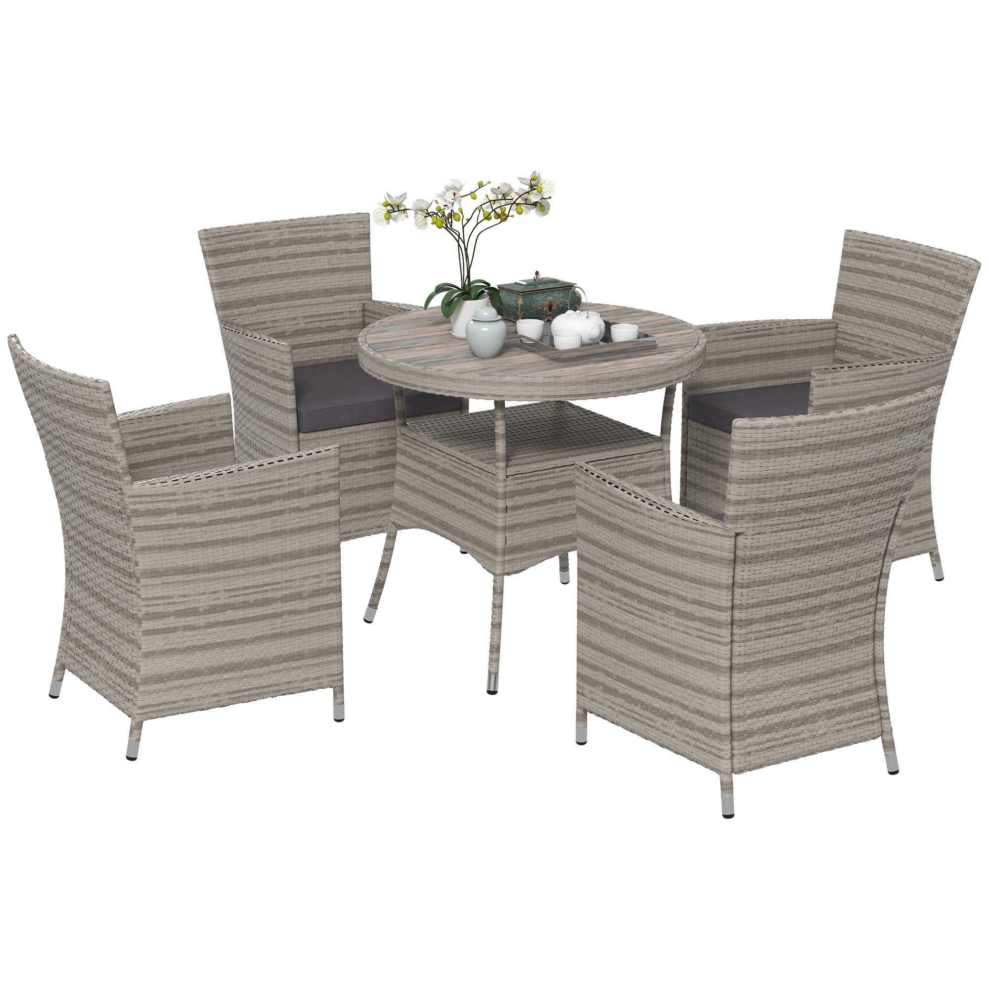 Five-Piece Rattan Garden Set, with Two-Tier Table - Grey