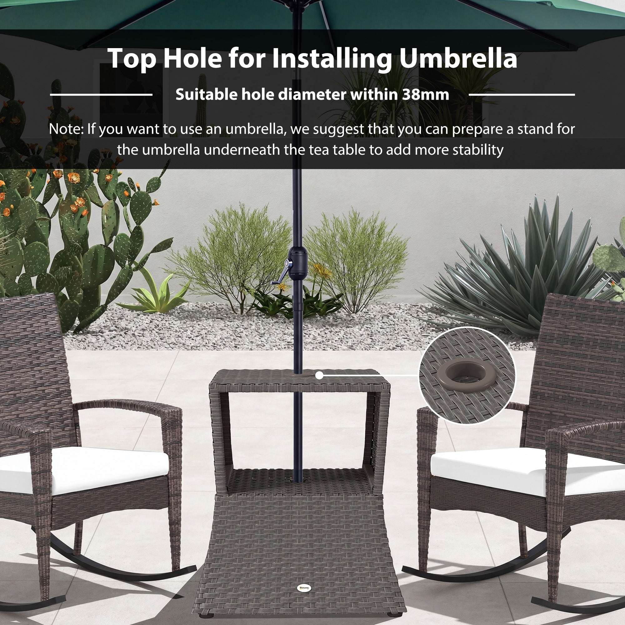 Rattan Outdoor Coffee Table, Wicker Garden Patio Bistro Side Table with Umbrella Hole and Storage Space, Dark Grey