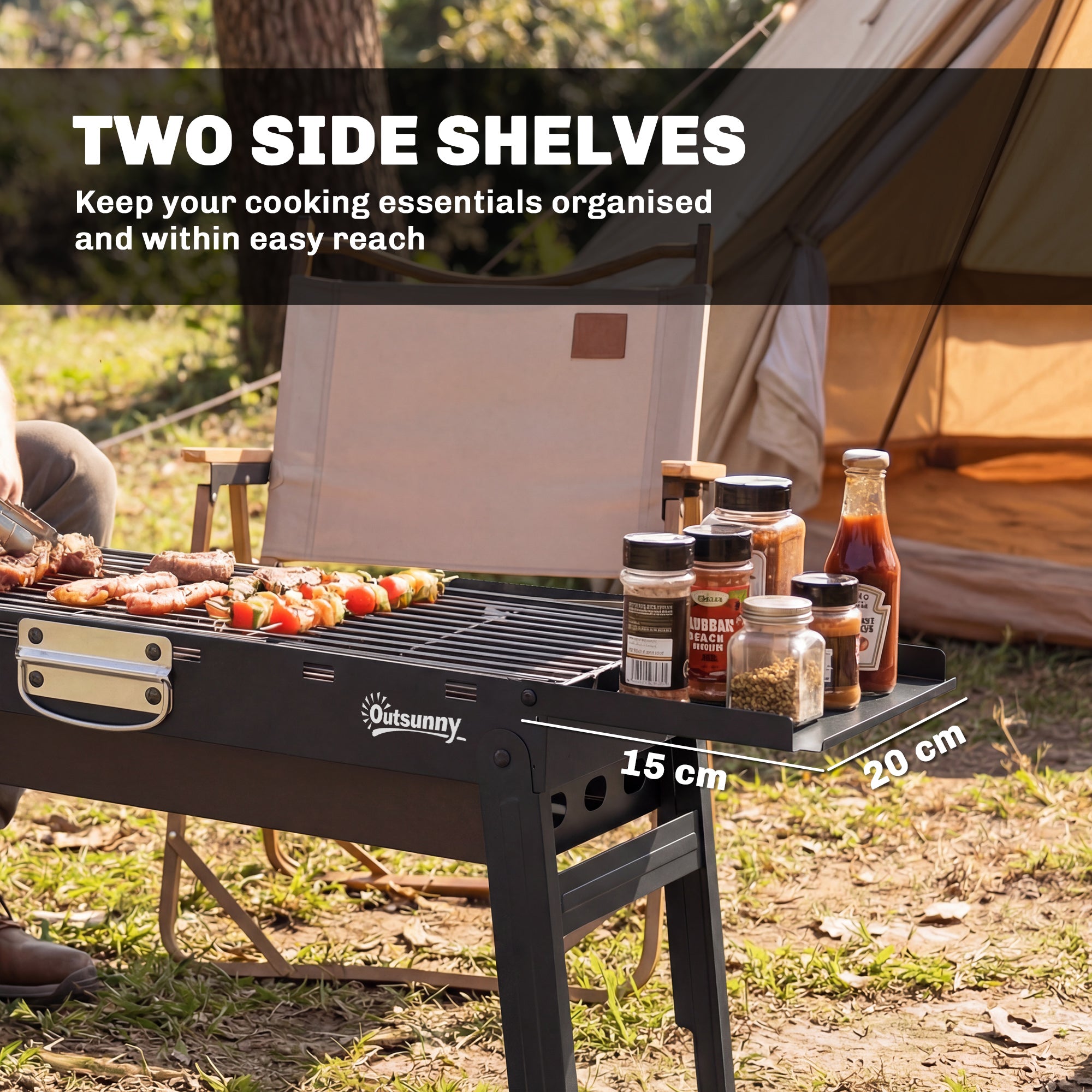 Portable BBQ Grill, Foldable Charcoal Grill for Camping and Picnics with 2 Side Shelves and Handle, Black