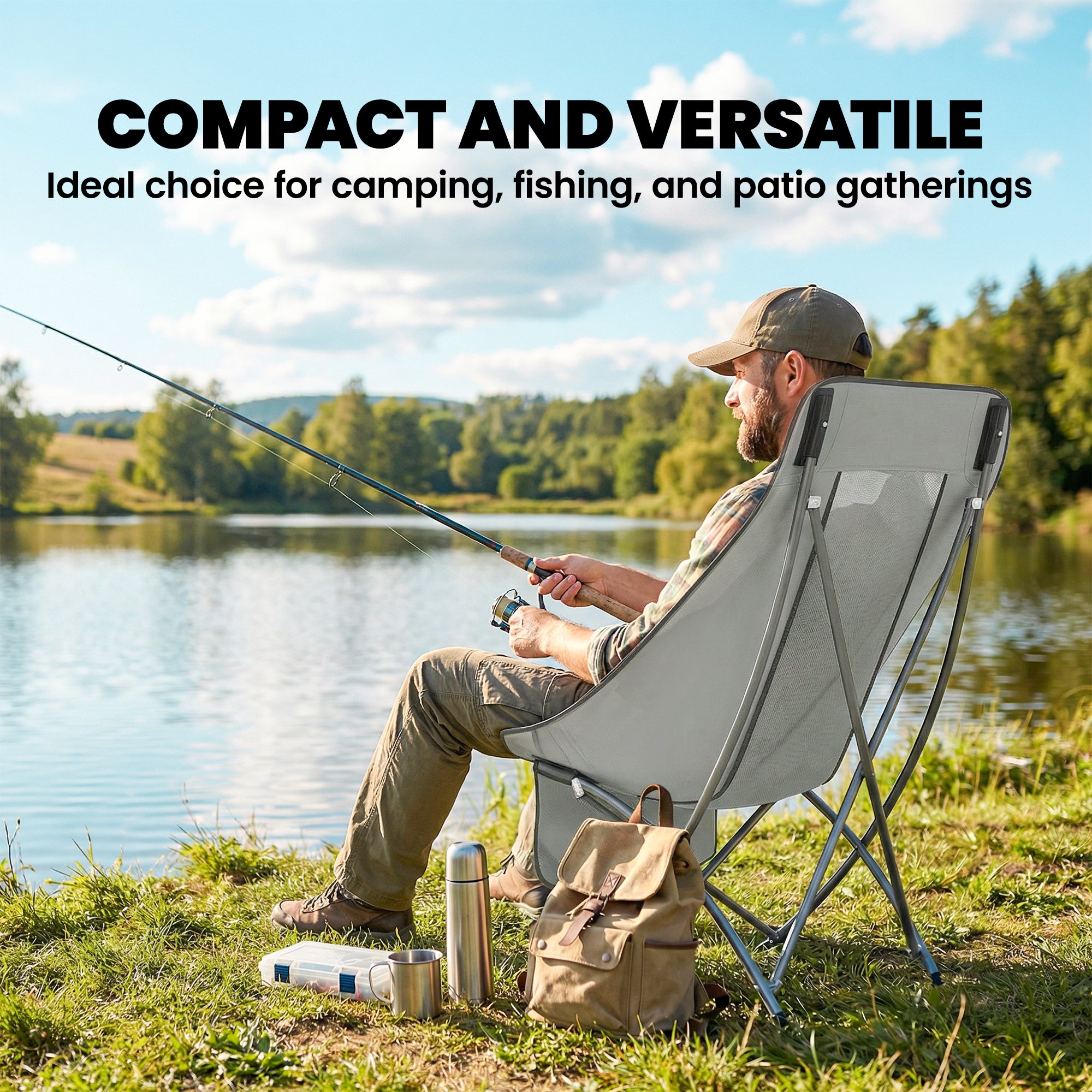 Camping Chair for Adults Heavy Duty Folding Camp Chair with Side Pocket and Carry Bag Light Grey