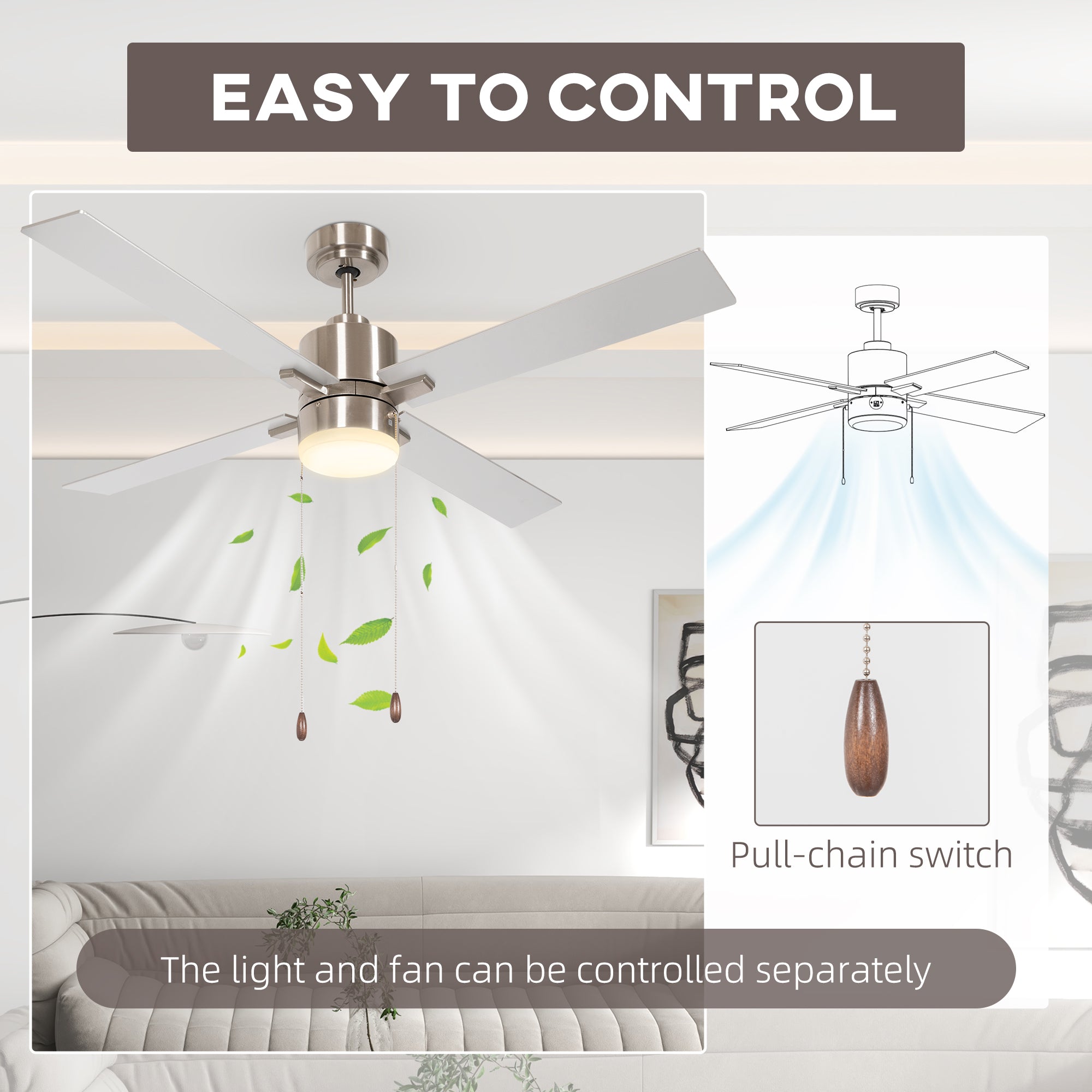 Ceiling Fan with LED Light, Flush Mount Ceiling Fan Lights with Reversible Blades, Pull-chain, Silver and Natural Tone