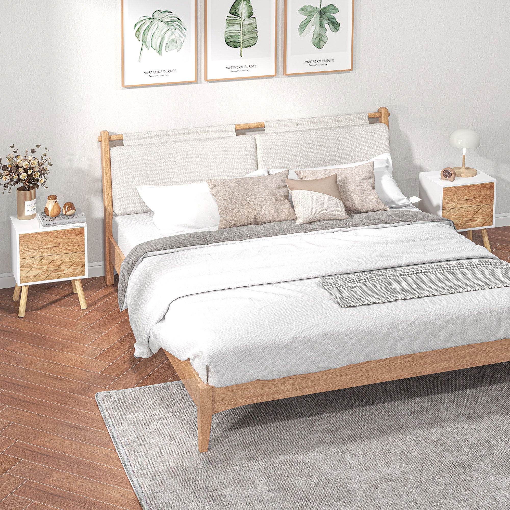 Bedside Table Set of 2, Modern Bedside Cabinets with Drawer and Pine Wood Legs, Nightstand for Bedroom, White and Natural