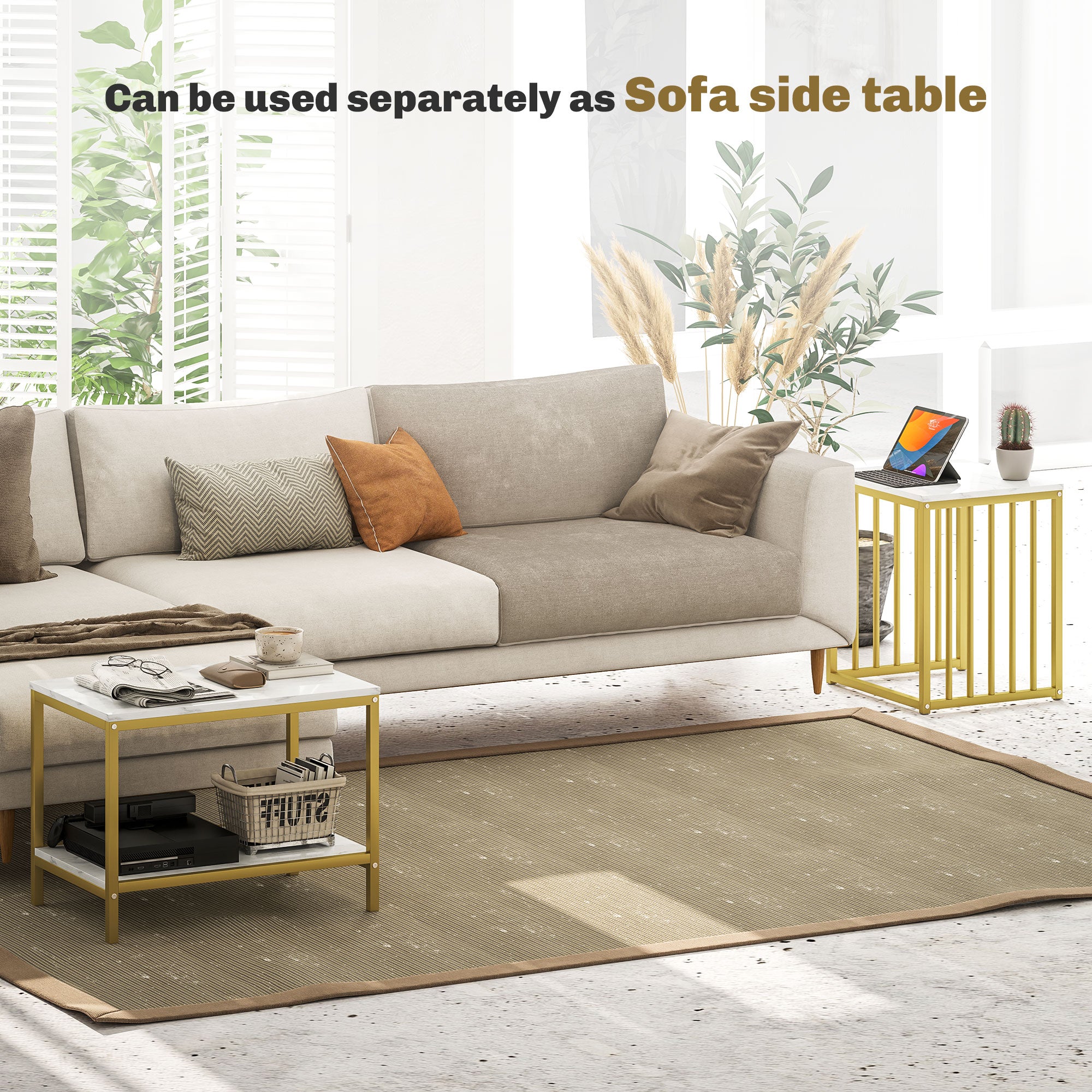 Modern Coffee Table Set of Two, Marble-Effect Nesting Side Tables with Steel Frame for Living Room, Gold Tone