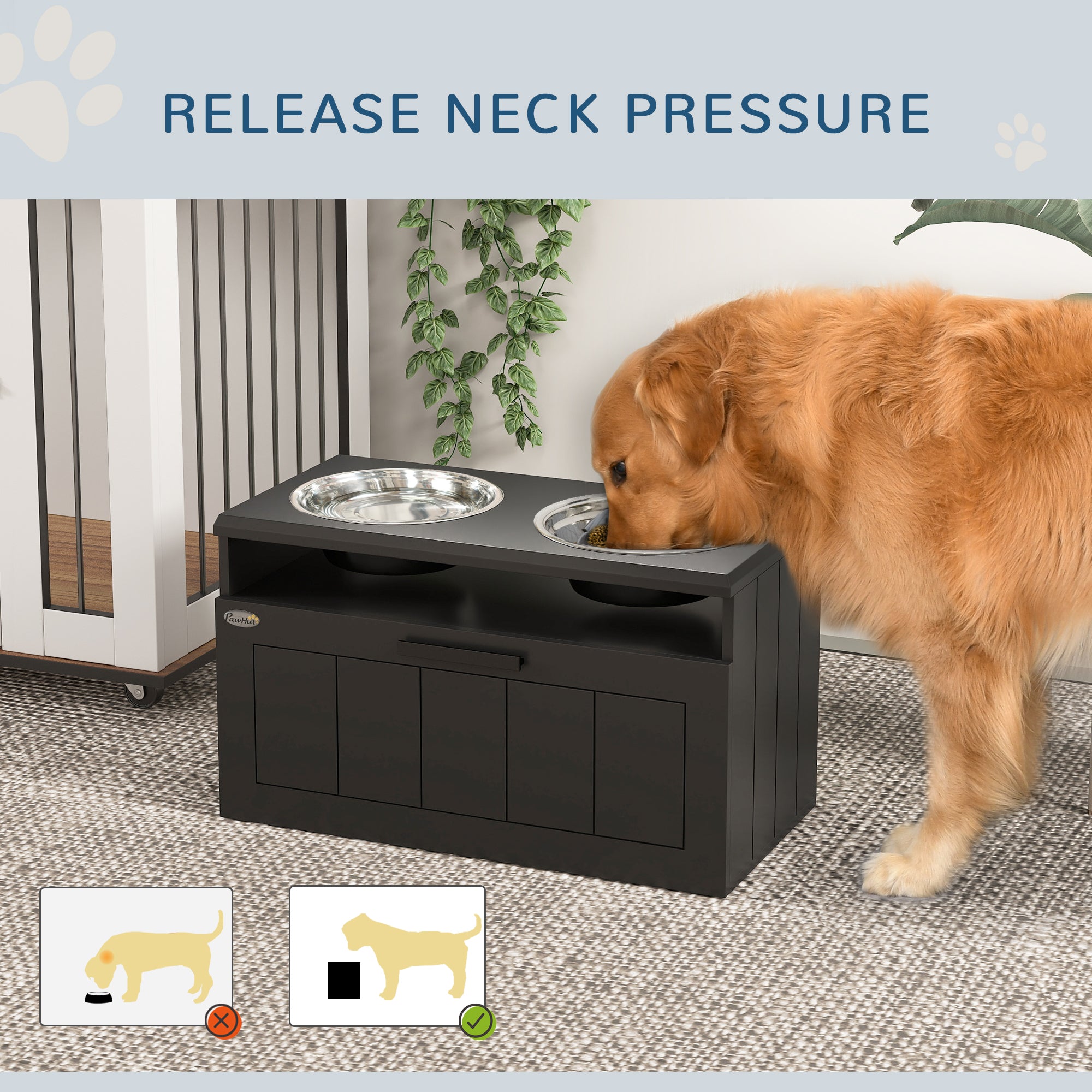 Raised Slow Feeder Dog Bowl with Two Stainless Steel Bowls and Drawer for Large & Extra Large Dogs - Black