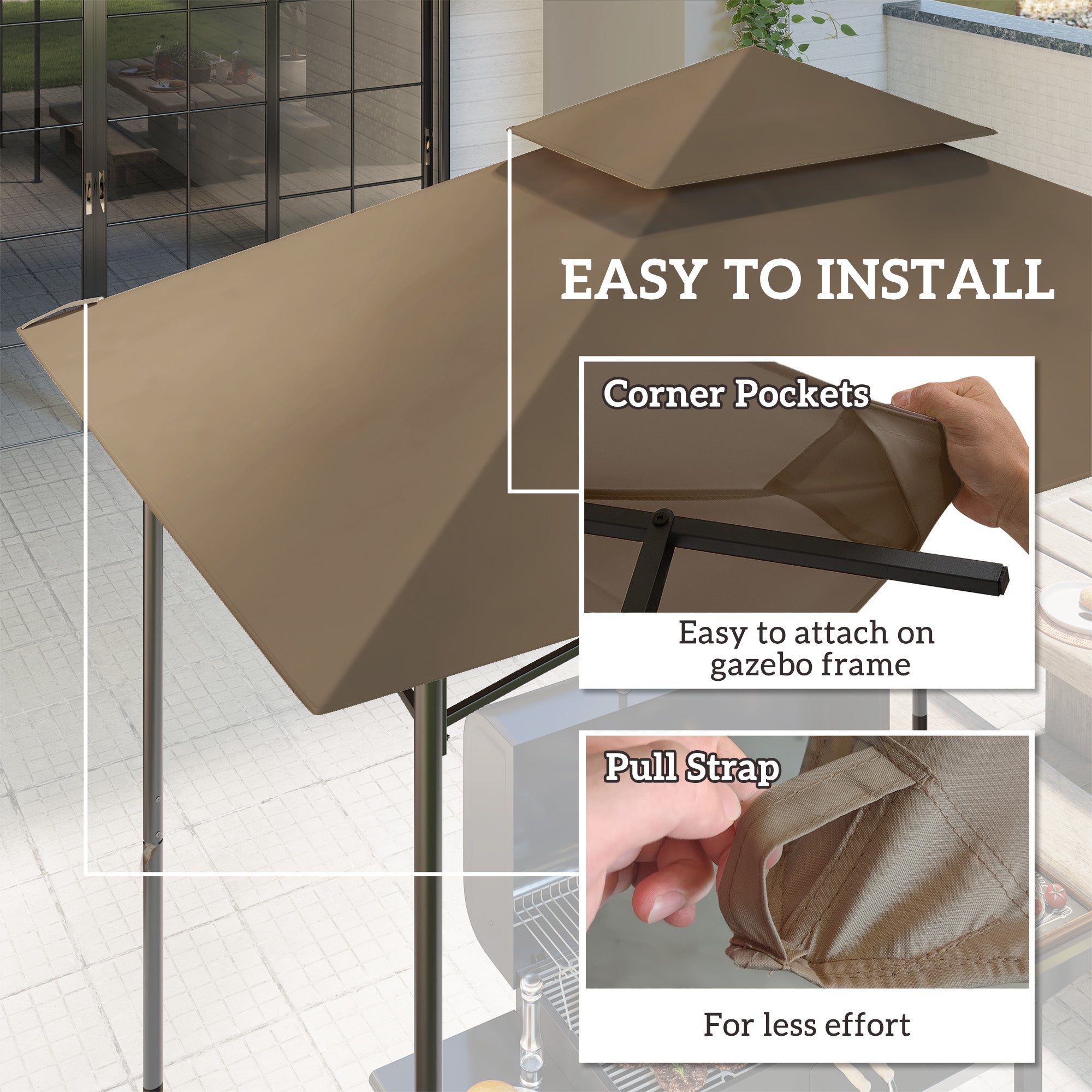 Grill Gazebo Replacement Canopy Roof for 1.5 x 2.4m Frame, UPF50+ Protection, Double Tiered 5' x 8' Outdoor BBQ Gazebo Cover Replacement, TOP COVER ONLY, Khaki