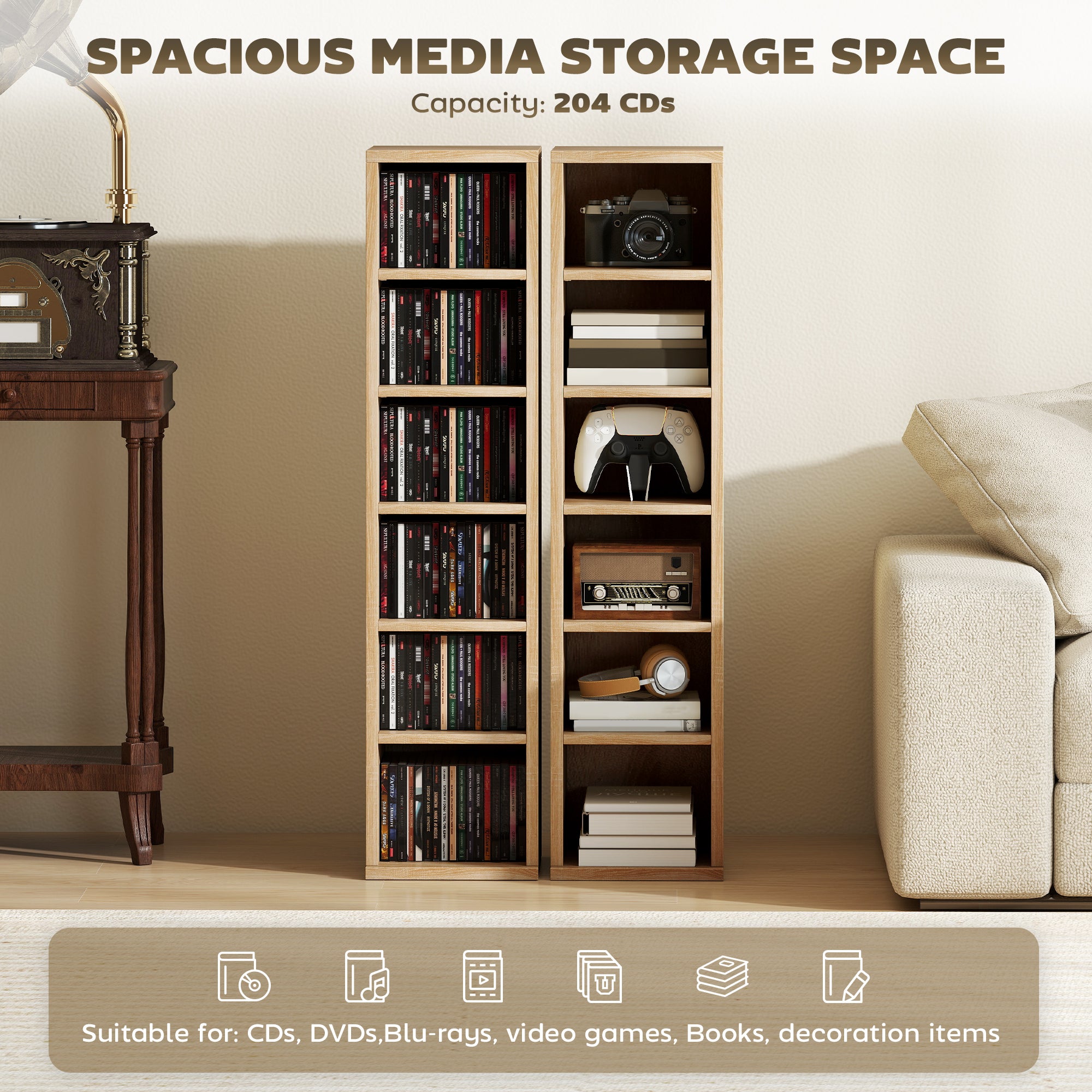 Set of 2 CD Media Display Shelf Unit Tower Rack with Adjustable Shelves, Oak
