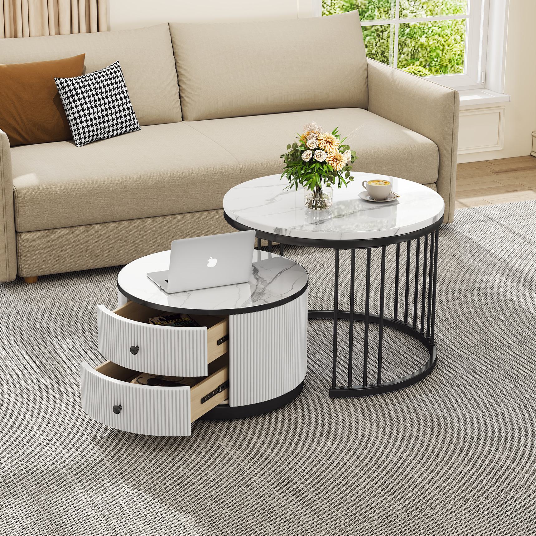 High Gloss Round Nesting Coffee Table Set with Marble Pattern Top and Storage Drawers, Modern Centre Table for Living Room, White+Black