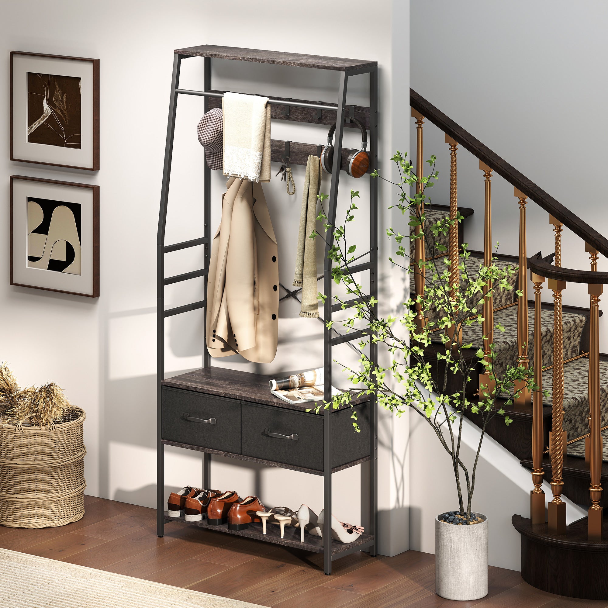 Coat Rack with Shoe Storage, Hall Tree, Industrial Coat Stand with Shoe Bench, 10 Removable Hooks, 2 Fabric Drawers and Clothes Rail for Entryway, Hallway, Grey