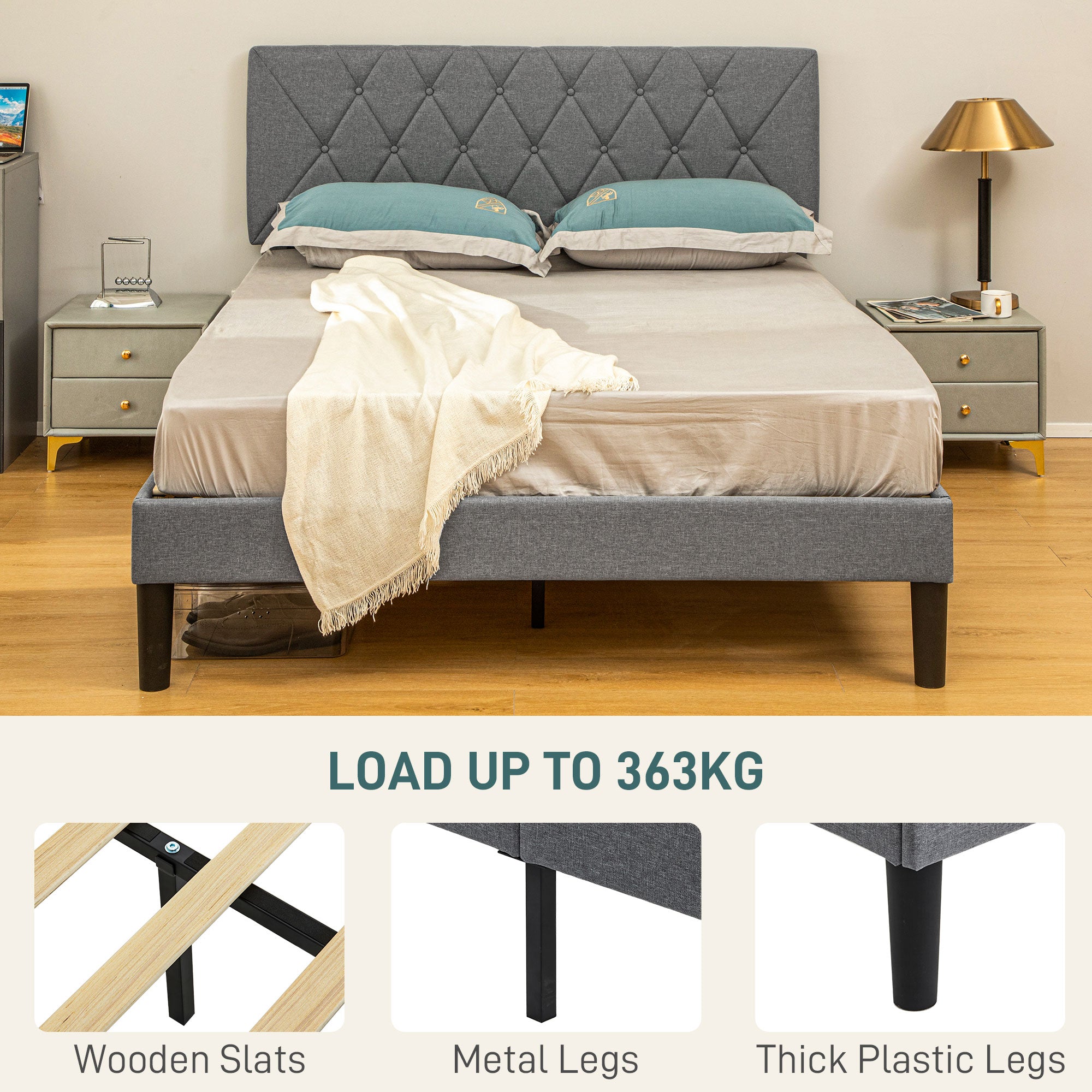 King Size Padded Fabric Headboard Bed Frame with Adjustable Positions - Grey