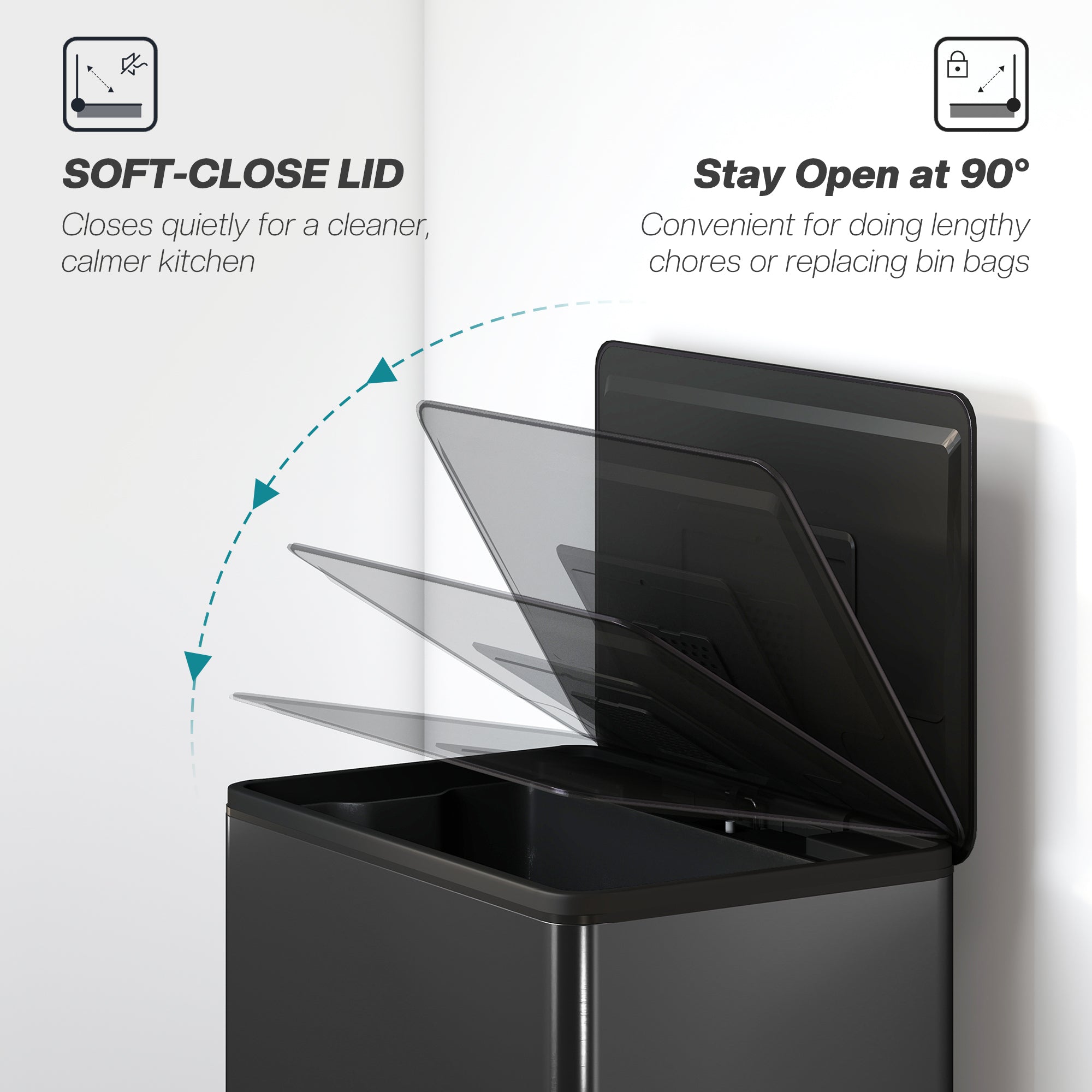 45L Kitchen Bin, Pedal Bin with Soft-Close and Stay-Open Lid, Removable Inner Bucket, Odor Control for Kitchen, Office