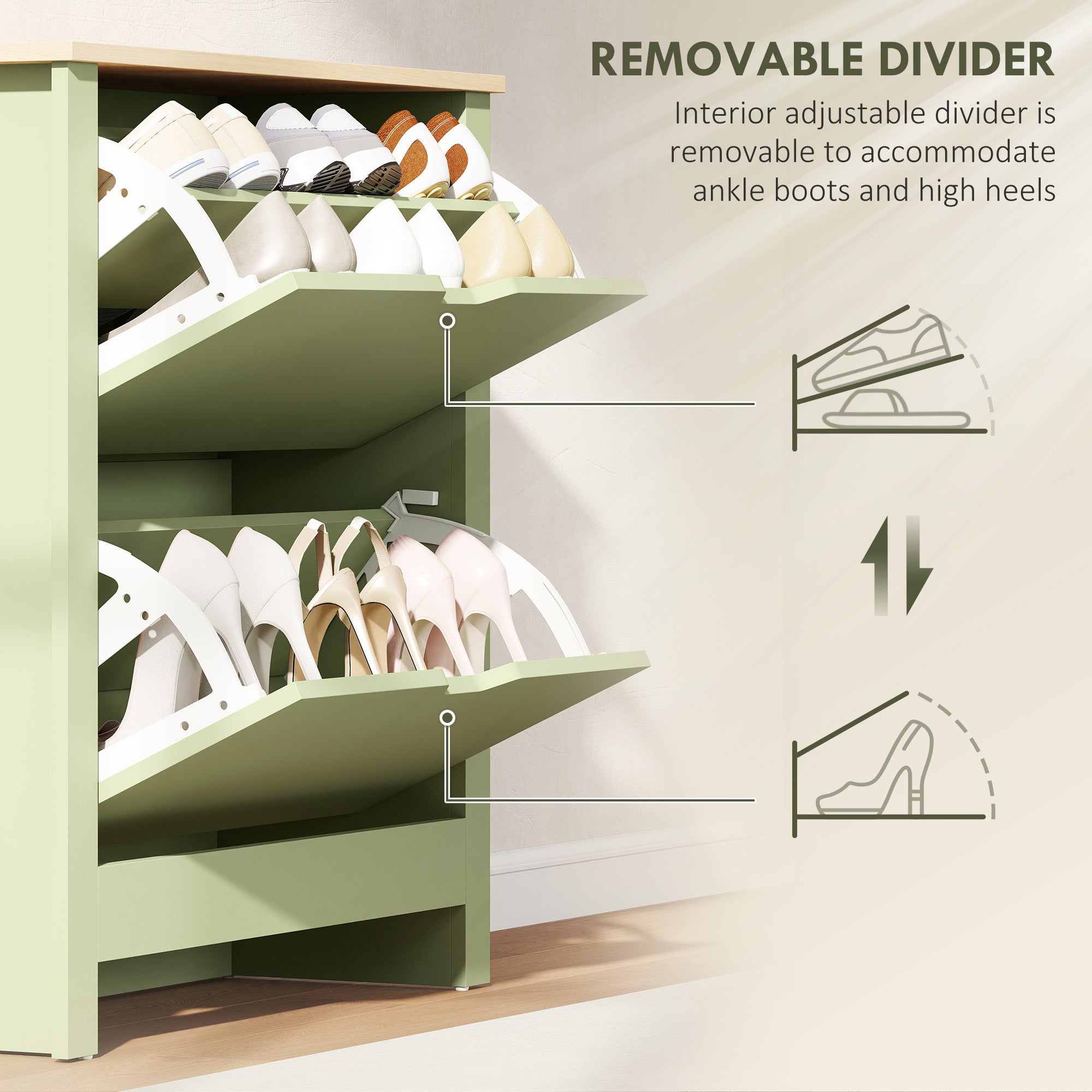 Slim Shoe Cabinet, Narrow Shoe Cupboard with 2 Flip Drawers, Adjustable Shelves for 12 Pairs of Shoes, Green