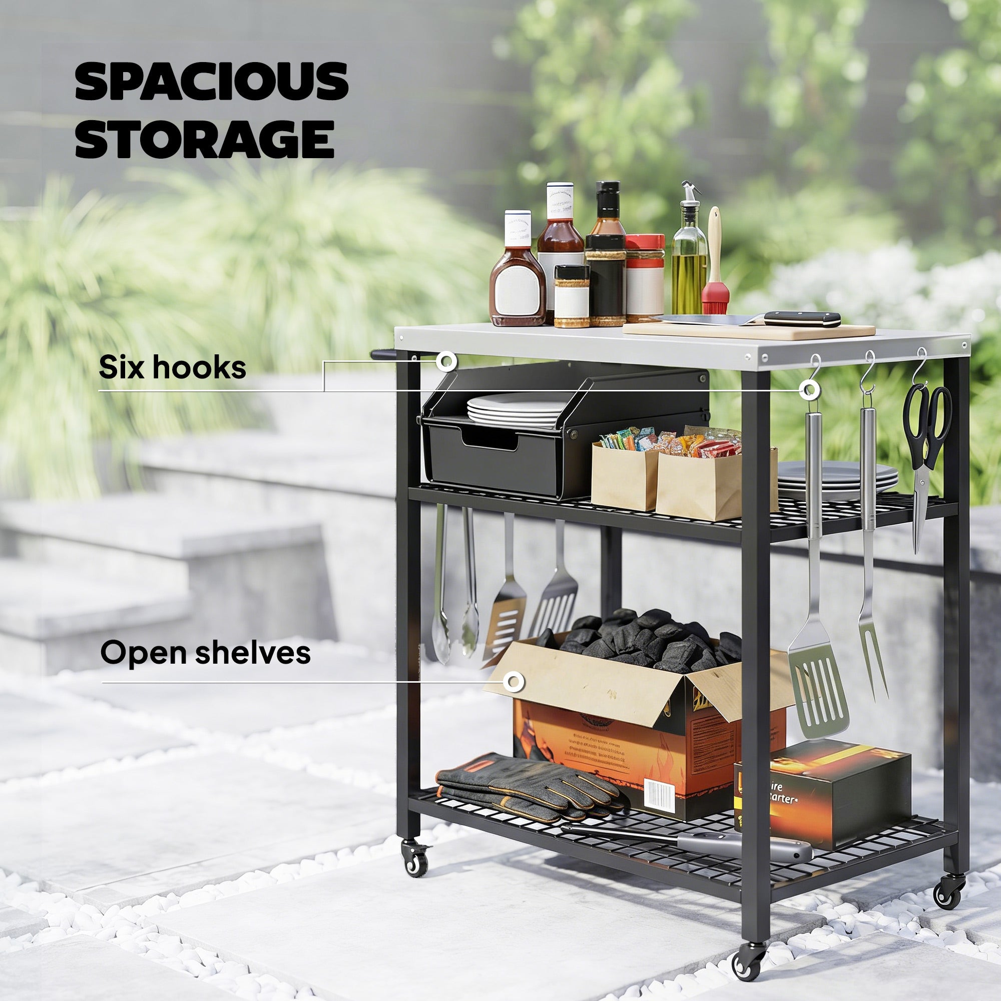 Outdoor Grill Cart with Stainless Steel Tabletop, 3-Tier Pizza Oven Stand with 2 Shelves, 6 Hooks, Wheels, Black