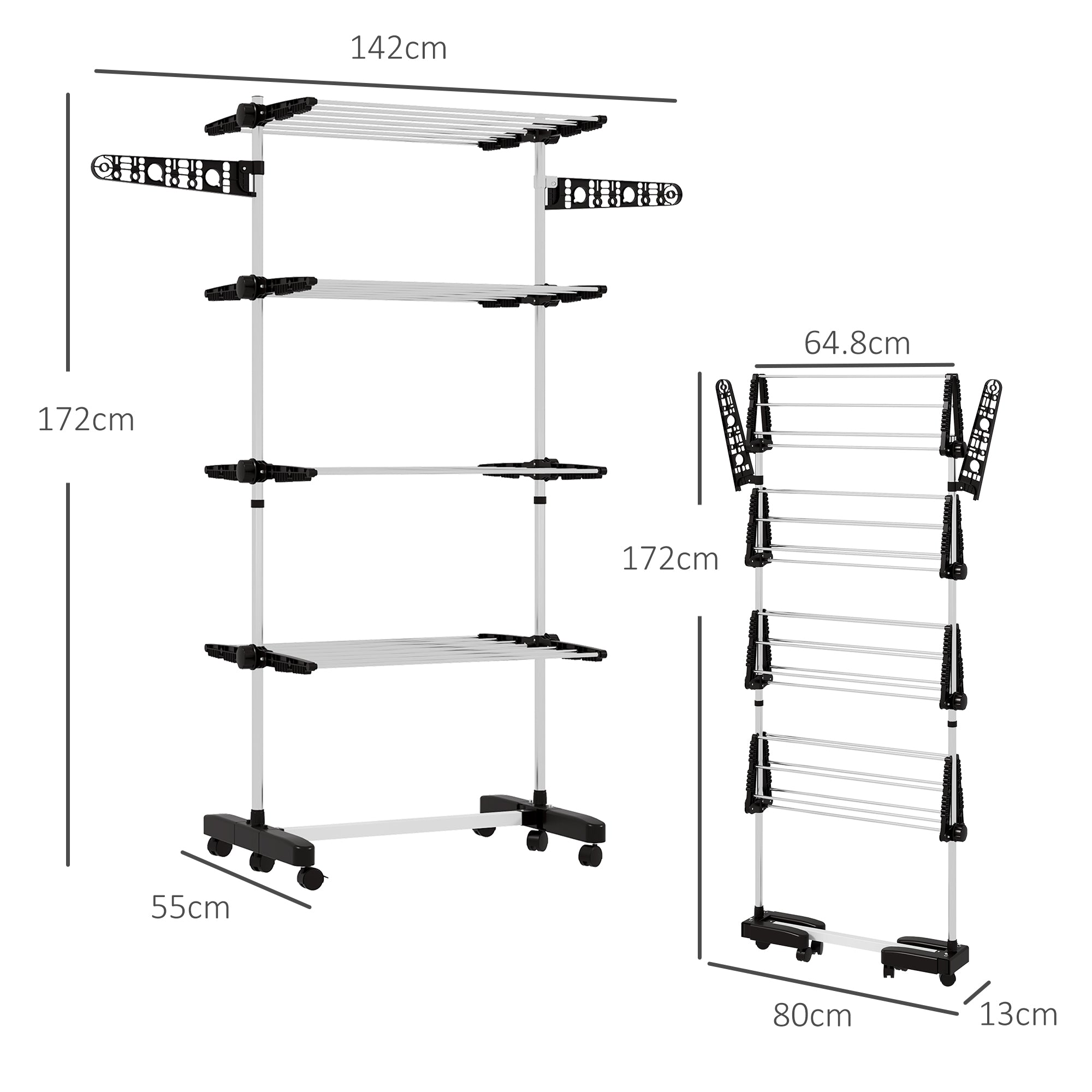 Four-Shelf Collapsible Clothes Horse with Side Arms and Wheels - Black