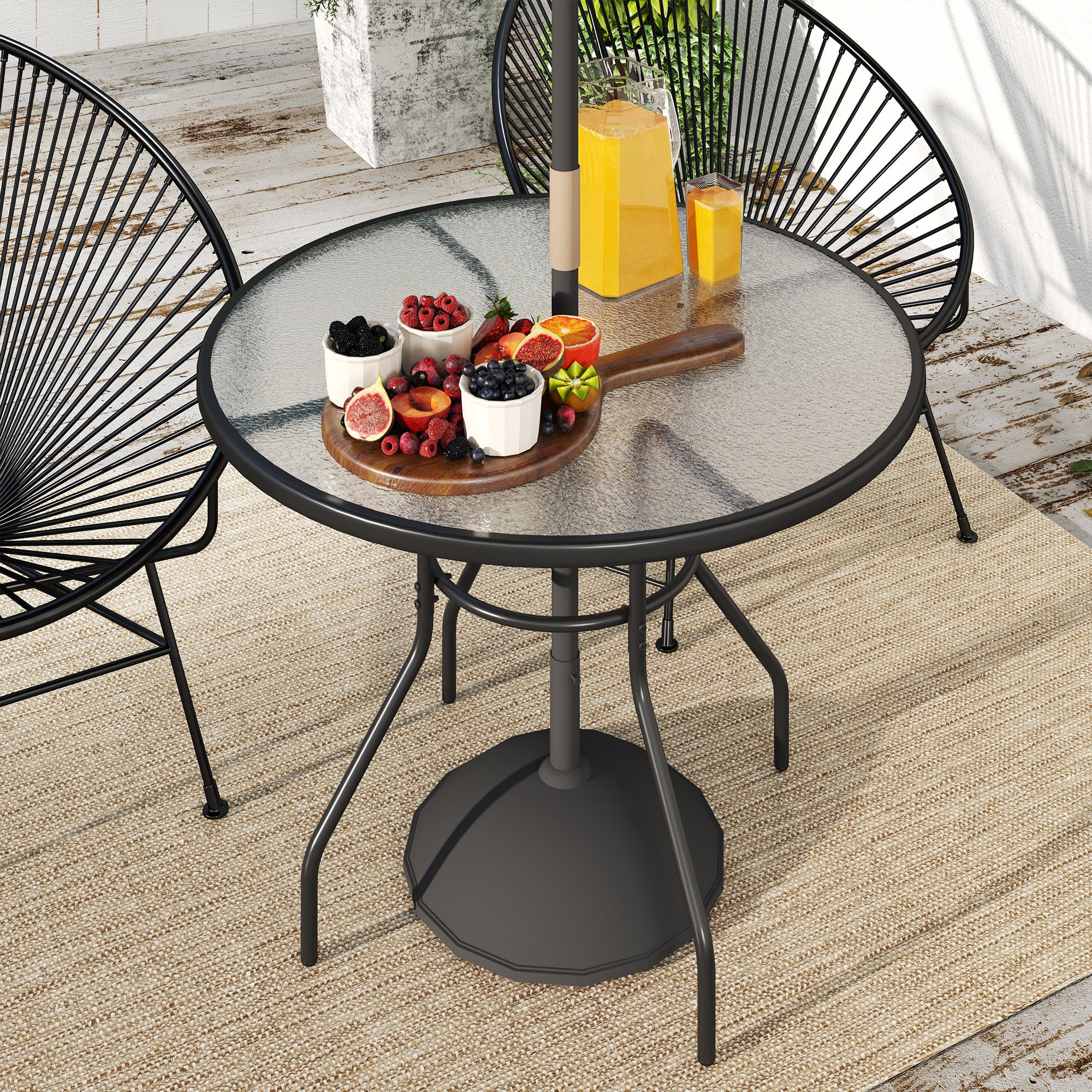 1 Piece Glass Top Garden Table with Parasol Hole - Black