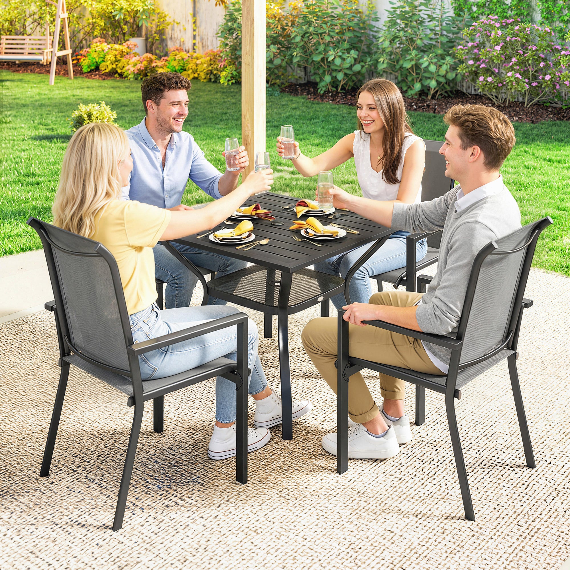 5 Pieces Outdoor Dining Set for 4, Garden Table and Stackable Chairs with Breathable Mesh Seat and Parasol Hole, Grey