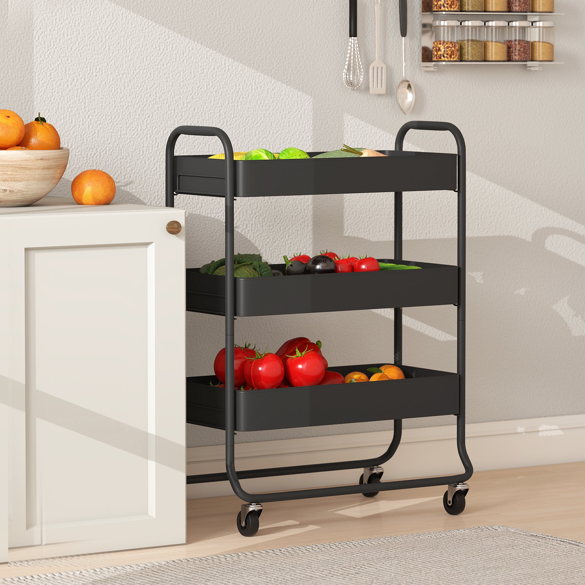 3-Tier Storage Trolley on Wheels, Rolling Utility Cart with Mesh Backets for Kitchen, Bathroom, Bedroom, Black