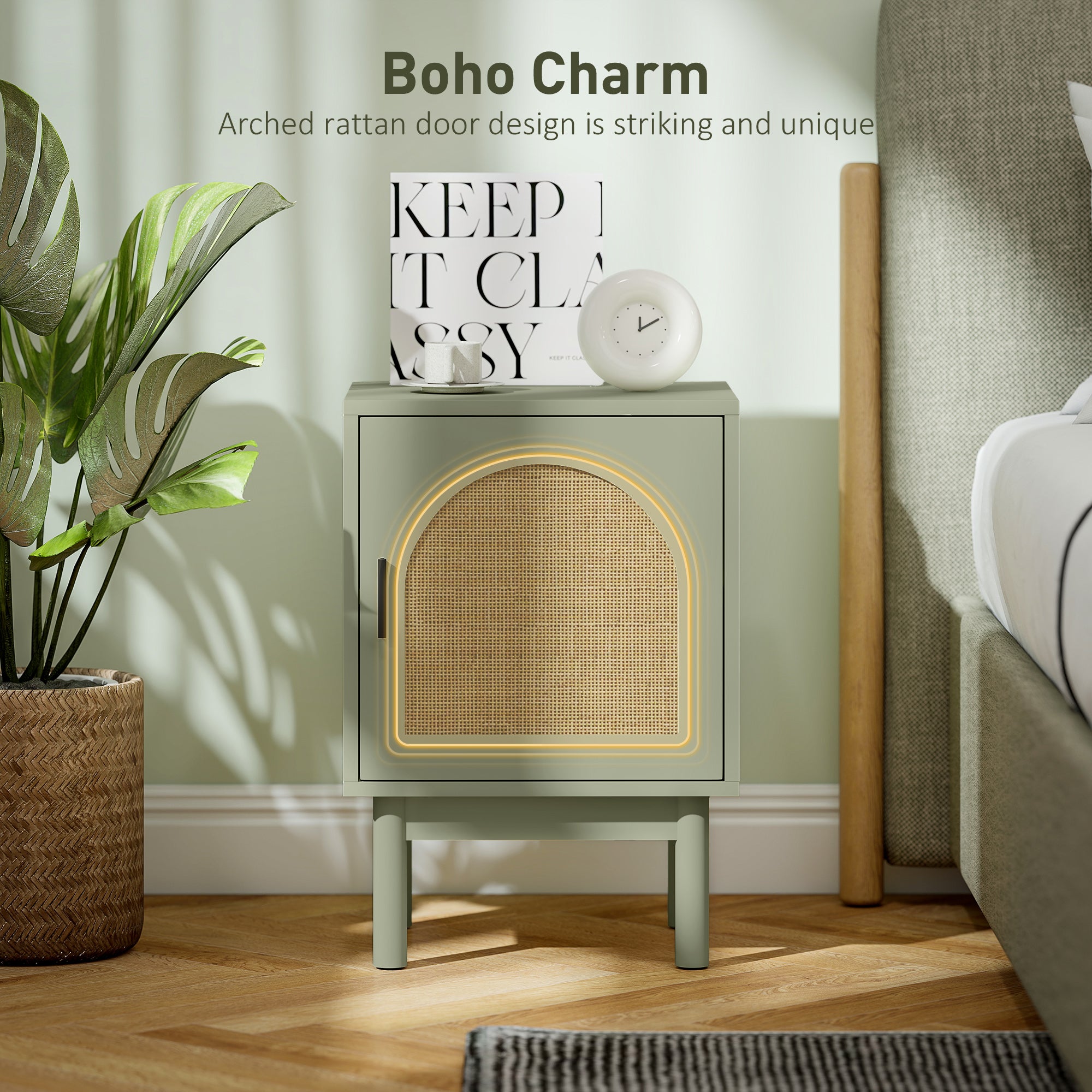 Set of 2 Rattan Bedside Tables, Boho Nightstands with Solid Wood Legs and Storage Cabinet for Living Room, Bedroom, Accent End Side Table, Light Green