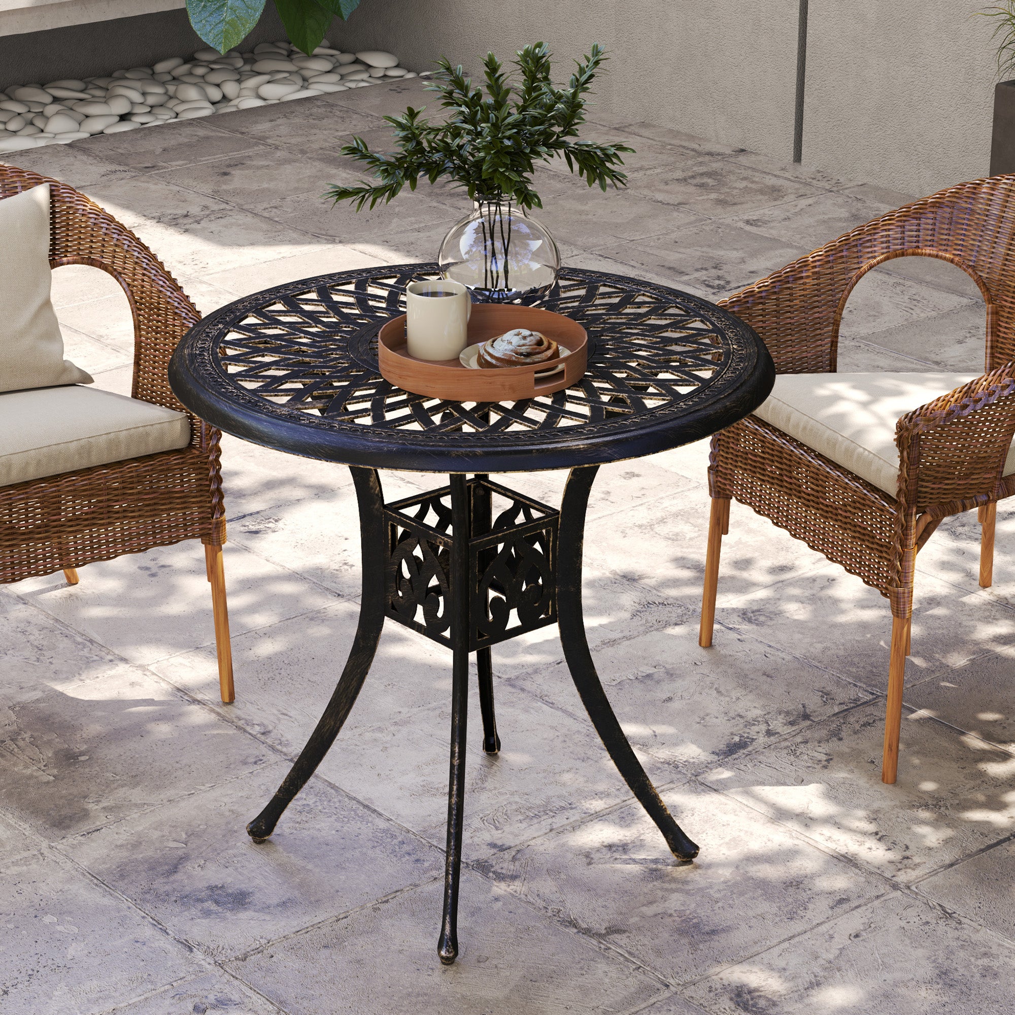 78 cm Round Garden Dining Table with Parasol Hole Bronze Cast Aluminium