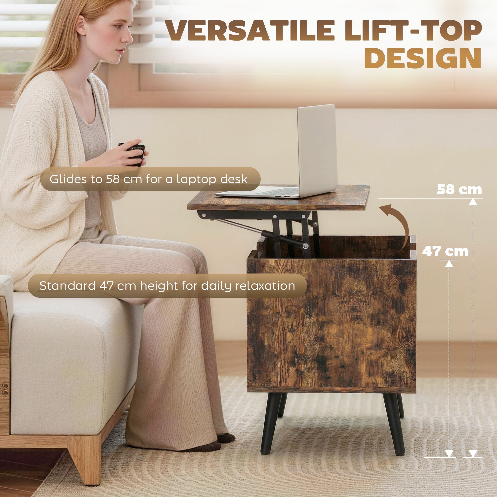 Lift Top Coffee Table with Hidden Storage Living Room Table Metal Legs 75 cm Rustic Brown