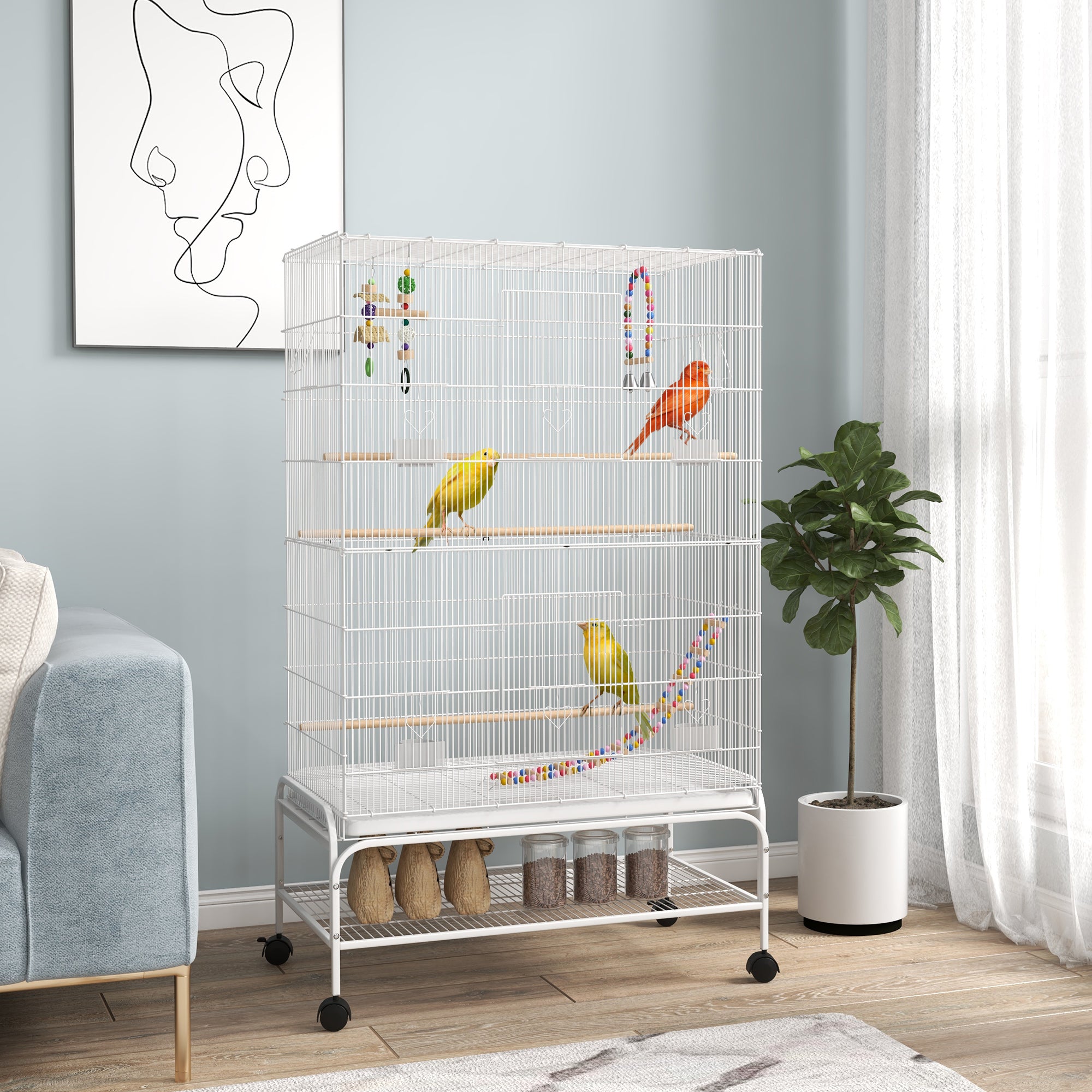 Bird Cage w/ Stand, Toys, Accessories, for Canaries, Finches, White