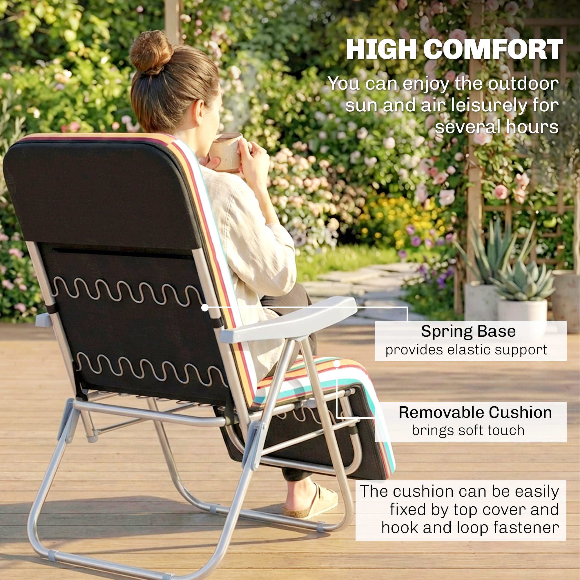 Set of 2 Foldable Patio Sun Lounger with Adjustable Backrest and Cushion, Multicoloured