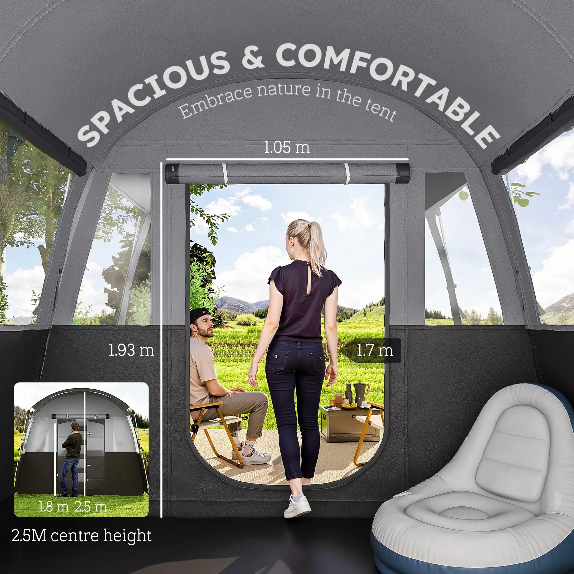 8 Person Waterproof Tunnel Camping Tent with 4 Large Windows - Grey