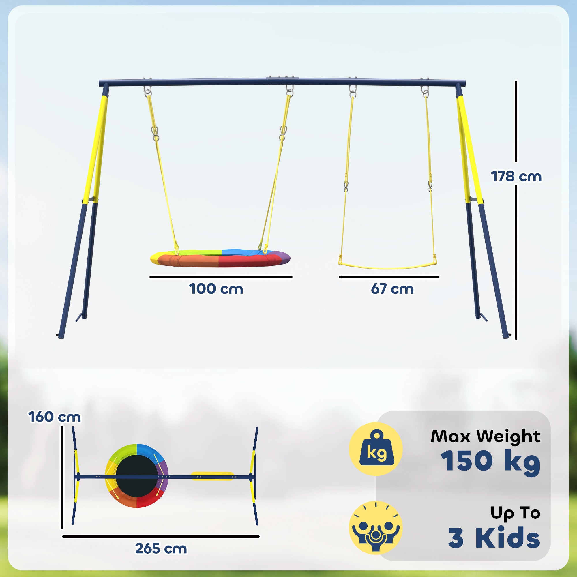 Kids Swing Set with Double Swings, Outdoor Playset with Adjustable Ropes, Metal Frame for Ages 3-8, 150kg Capacity
